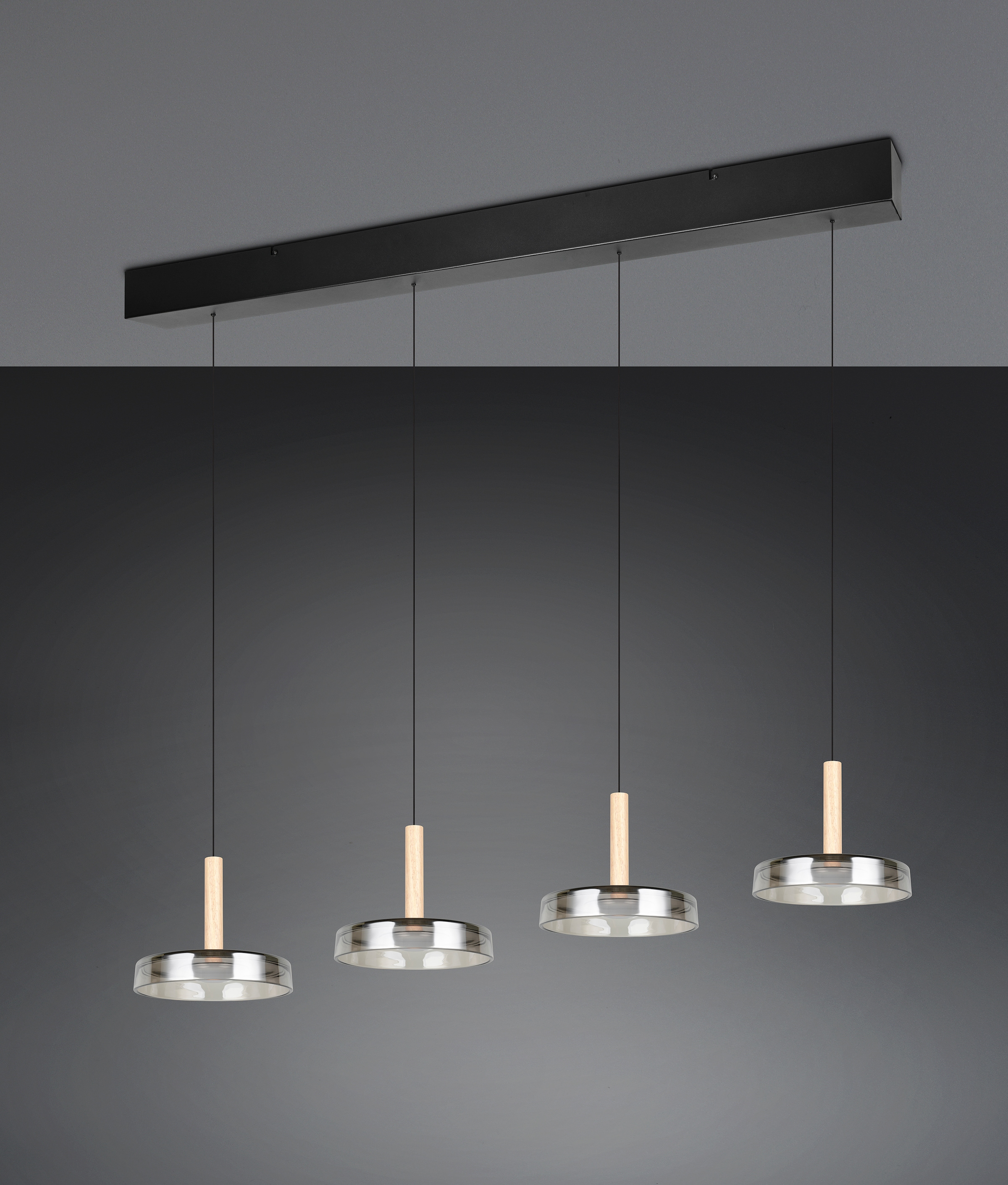 TRIO Leuchten LED Pendelleuchte »CELESTE dimmbare LED Hängelampe aus Metall Glas & Holz, 7,5W 750 Lumen« LED-Board 1 Stk. Warmweiß 4-flammig einfach höhenverstellbar von 50-200 cm 3-Stufen Dimmfunktion