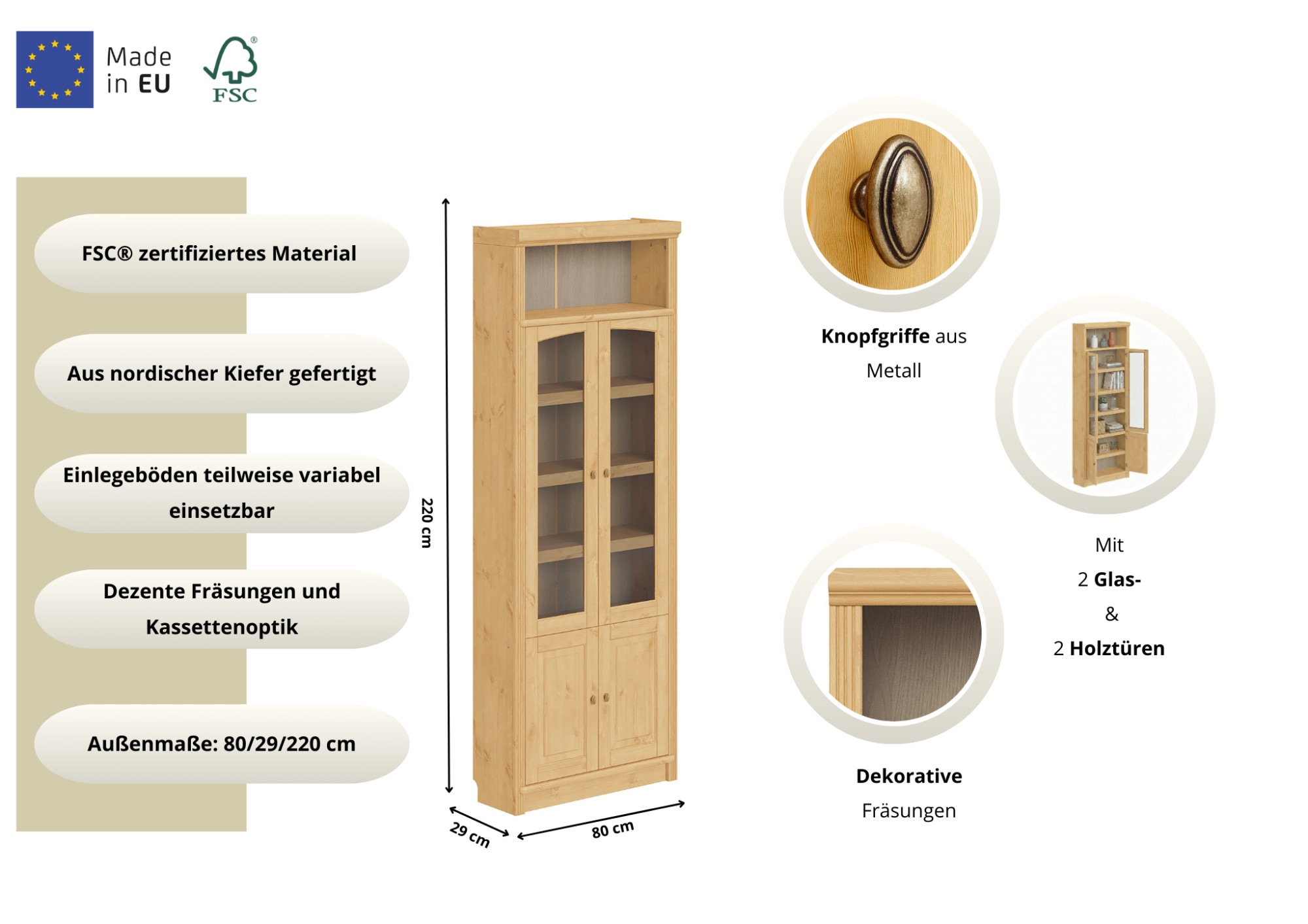 OTTO home Vitrine »Soeren Regal mit 2 Glastüren und 2 Holztüren, B/TH: 80/29/220 cm« Kiefer FSC®-zertifiziert, 1 offenes Fach, 6 Fächer hinter den Türen