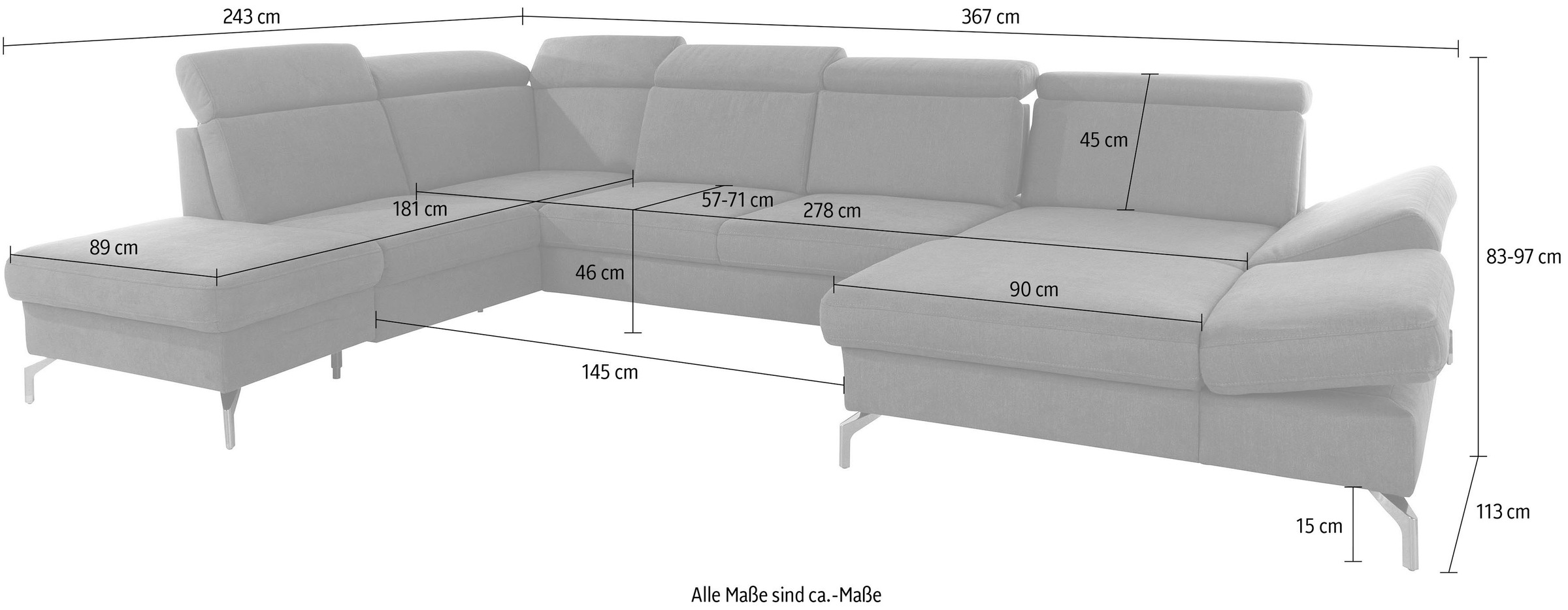 sit&more Wohnlandschaft »Brisbane U-Form« Fußhöhe 15 cm, inklusive Sitztiefen-, Armteil- und Kopfteilverstellung