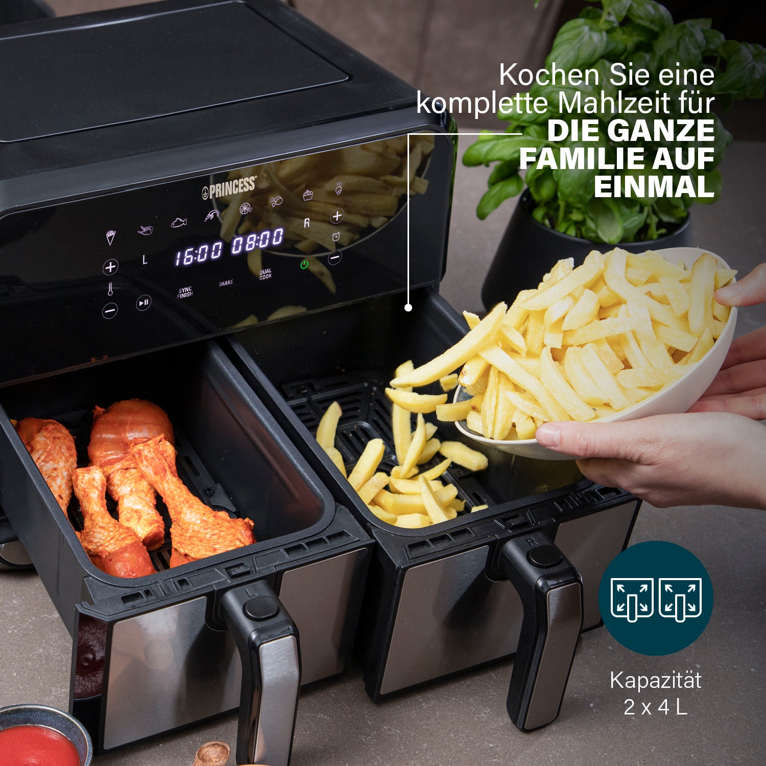 PRINCESS Heißluftfritteuse »Doppel-Heißluftfritteuse 182074«, 2400 W, Temperaturbereich 80-200 °C, Braten ohne Öl, Schnelle Luftumwälzung