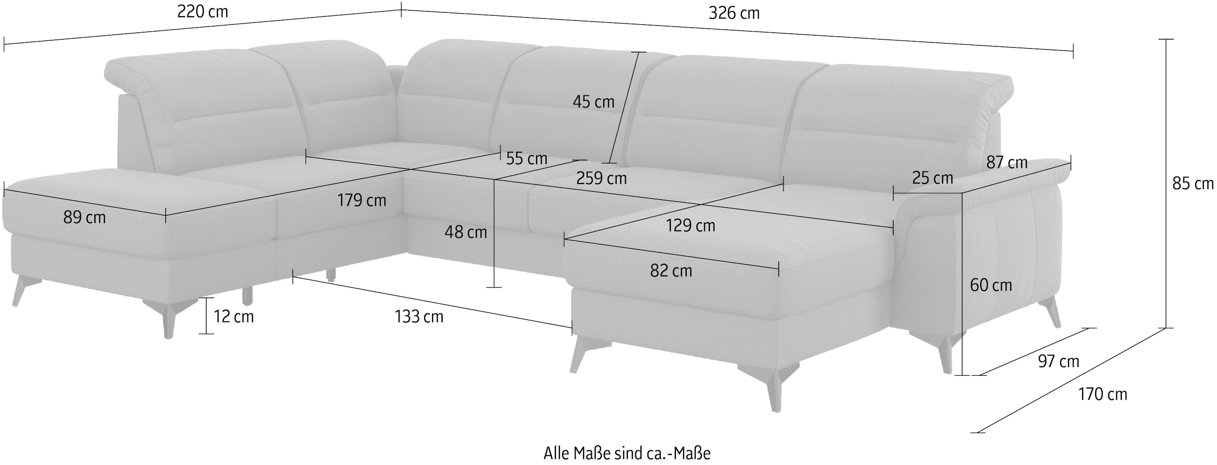 sit&more Wohnlandschaft »Sinatra U-Form«, optional mit Kopfteilverstellung und Armteilfunktion, Metallfüße