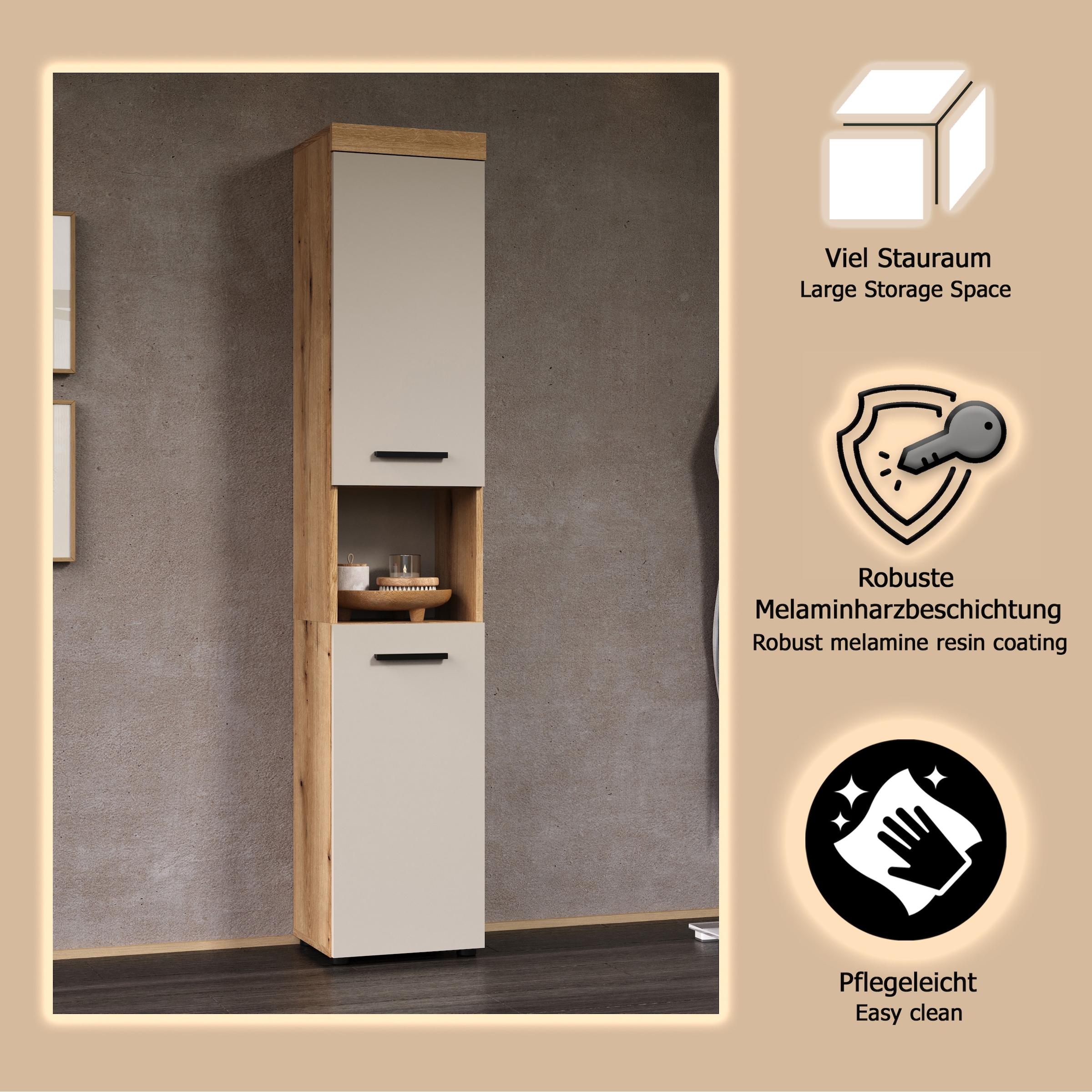 welltime Hochschrank »Isera« 1 Stk. tlg. Badschrank mit 2 Türen und 1 offenem Fach  – (B/T/H) 36 /31/184 cm