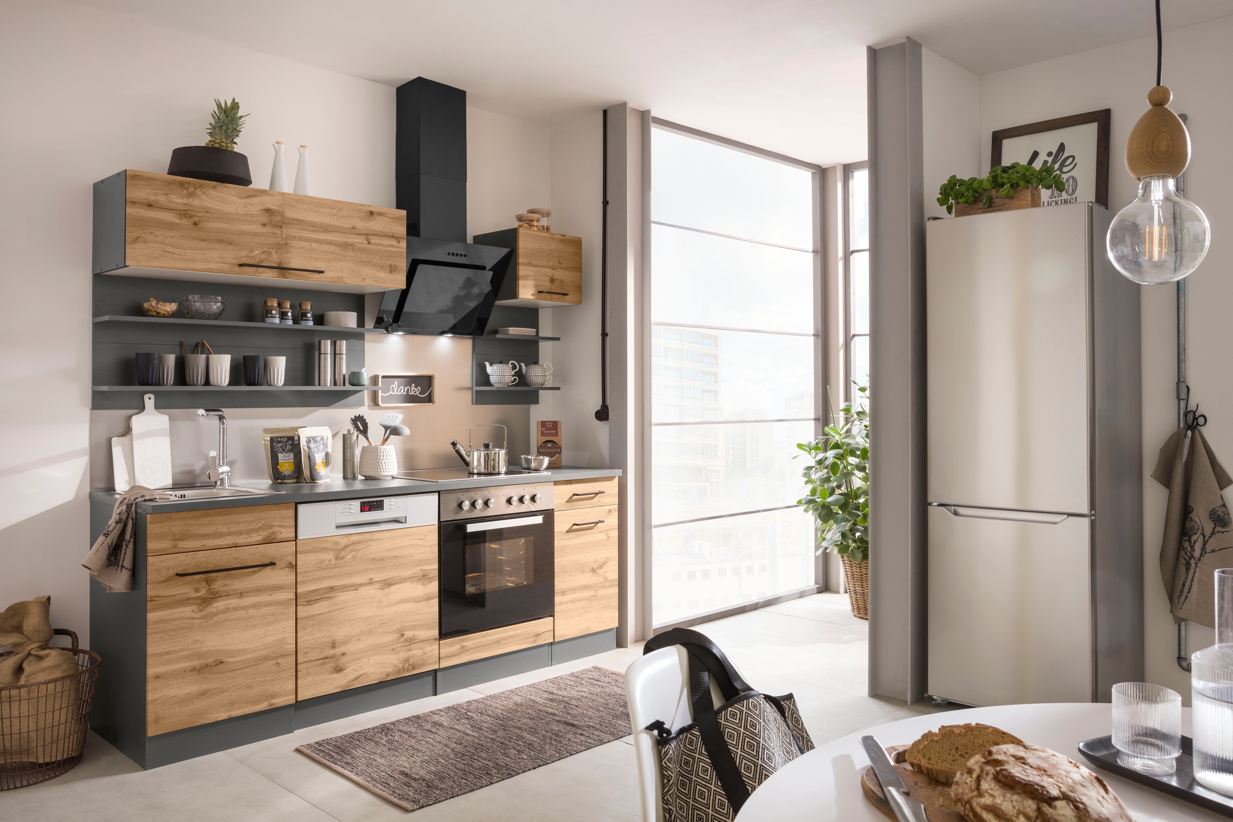 KOCHSTATION Küchenzeile »KS-Tulsa« ohne E-Geräte, Breite 210 cm, schwarze Metallgriffe, MDF Fronten