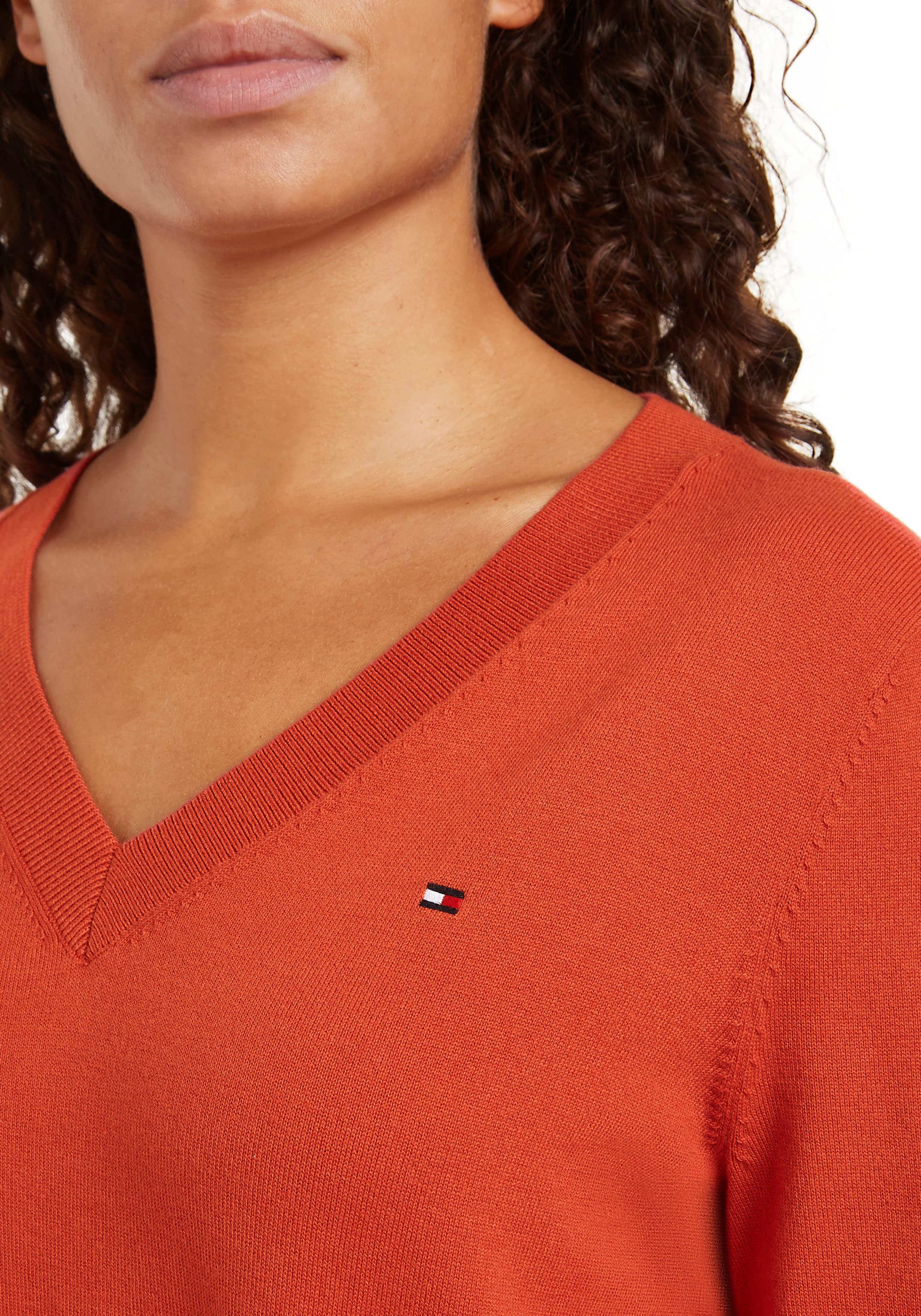 Tommy Hilfiger V-Ausschnitt-Pullover »CO JERSEY STITCH V-NK SWEATER mit V-Ausschnitt und Ripp«, unifarben, casual, regular fit, Baumwollmix, V-Ausschnitt