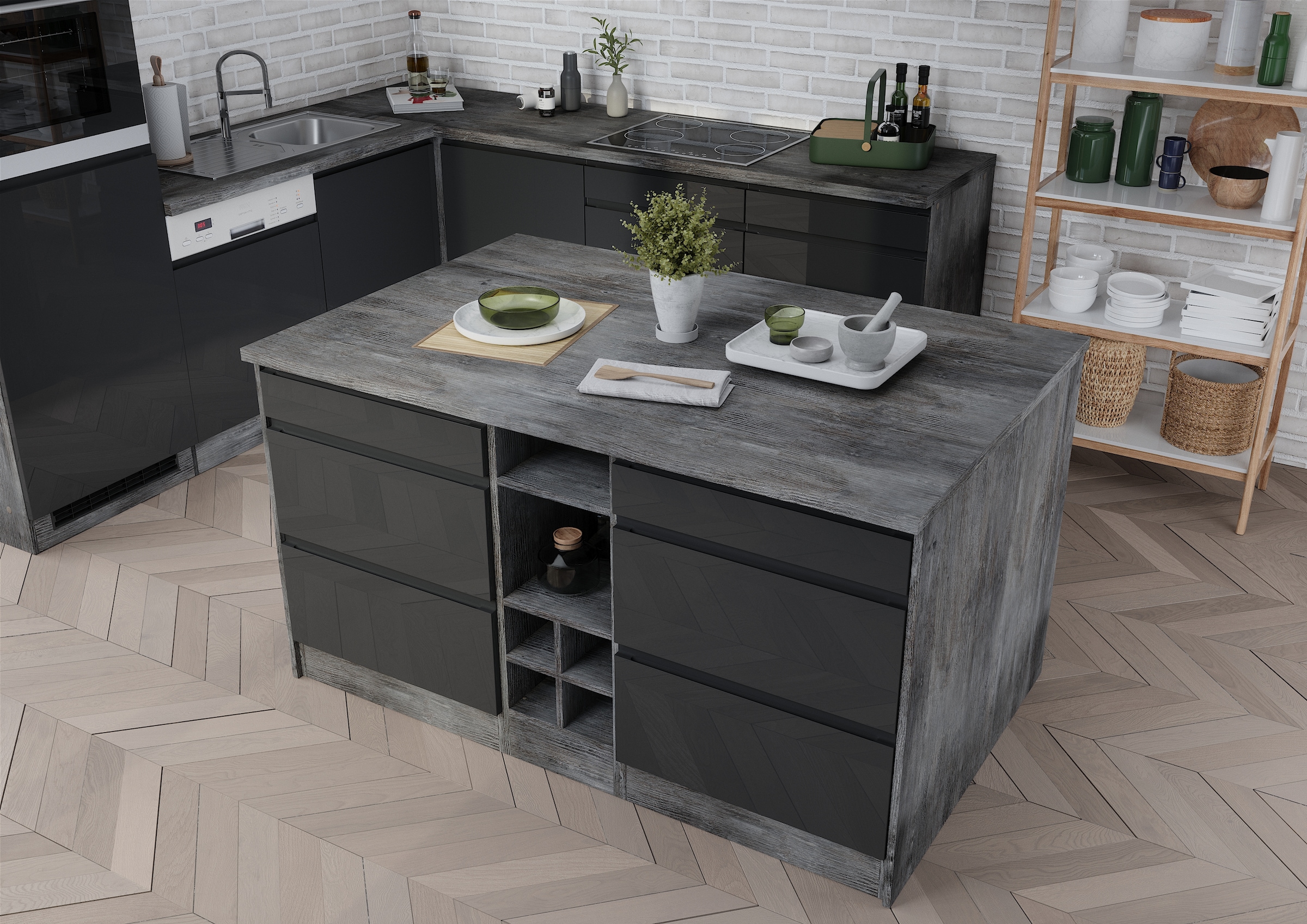 KOCHSTATION Kücheninsel »KS-Virginia«, Breite 153 cm, MDF-Fronten, Flaschenregal