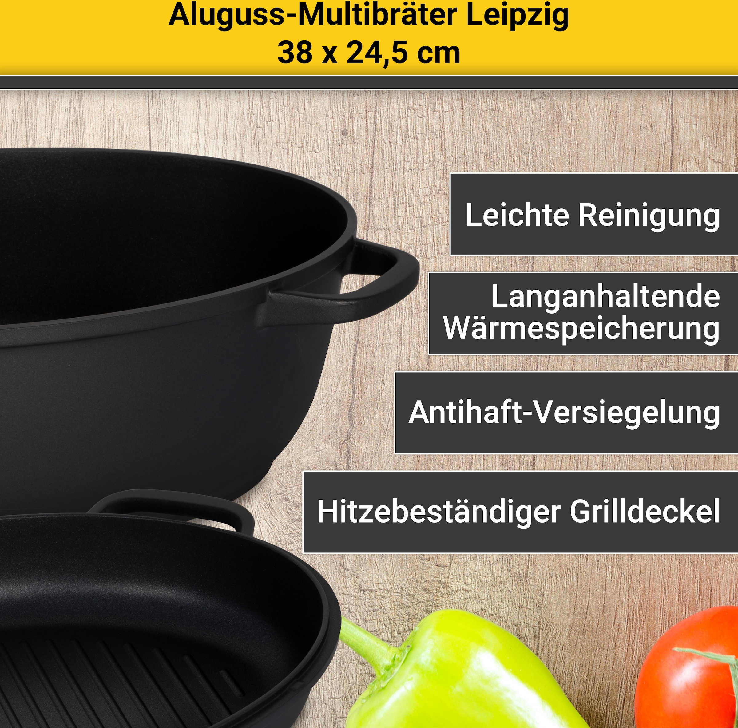 Krüger Bräter »Aluguss Multibräter mit Grilldeckel LEIPZIG, 38 x 24,5 x 13 cm«, Aluminiumguss, (1 tlg.), hochwertige Antihaft-Versiegelung