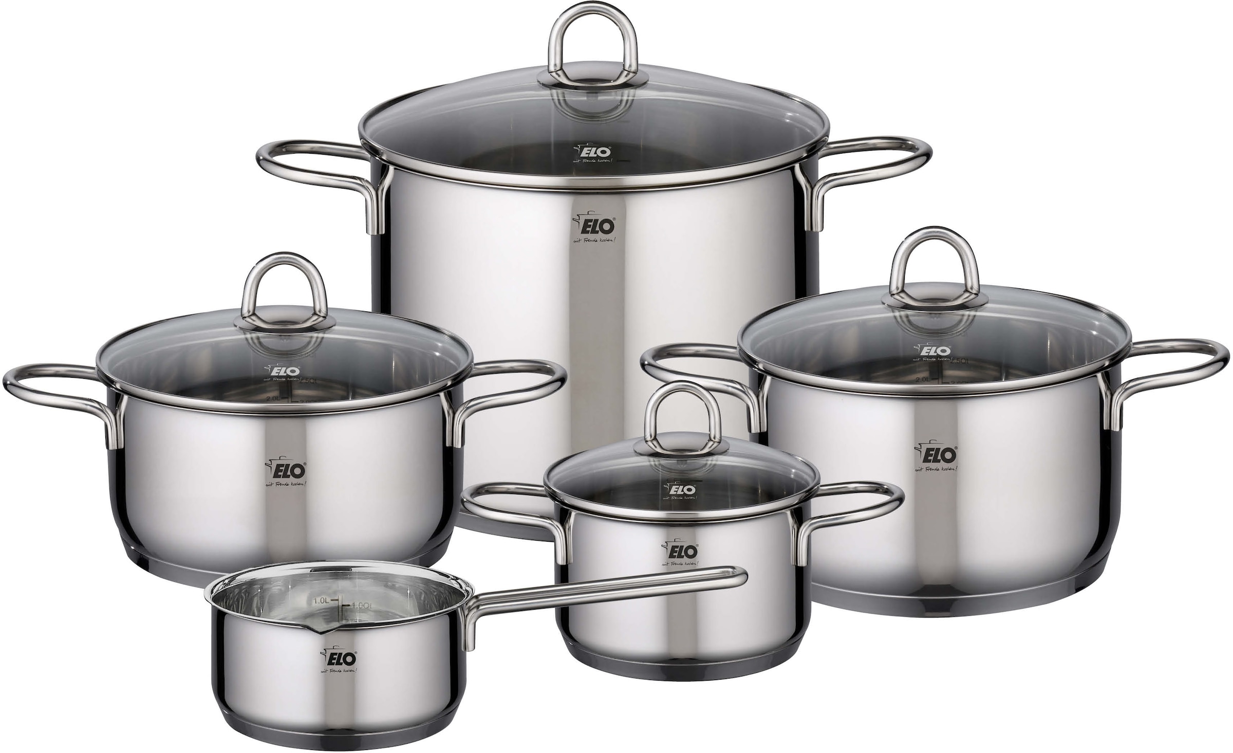 Elo Topf-Set »Rubin« Set, Bratentopf 20cm, Fleischtopf 16/20cm, Kasserolle 16cm, Gemüsetopf24 cm, 9 Stk. tlg. Edelstahl 18/10