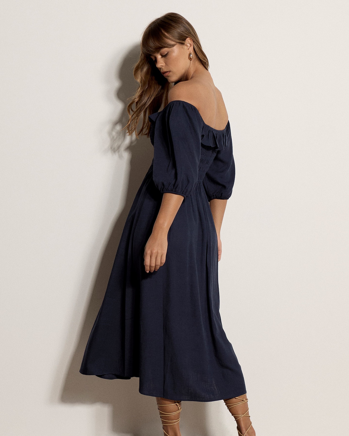Apricot Maxikleid »Langes Kleid mit Bardot-Ausschnitt« mit Raffungen