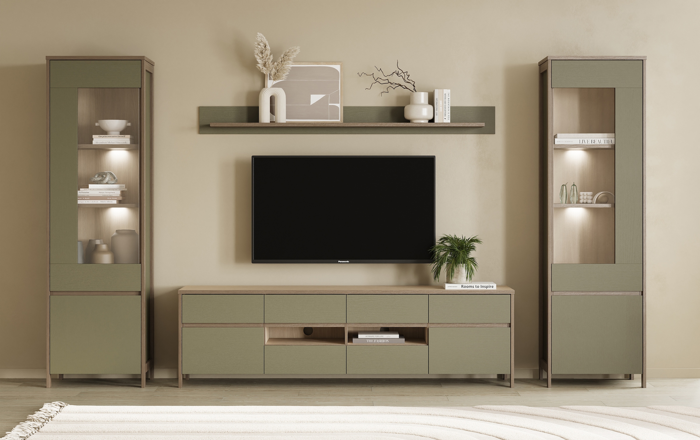 Home affaire Wohnwand »Stranda, moderne Anbauwand, Komplettset im Scandi-Style«, (4 St.), enthält zwei Vitrinen, Lowboard und Wandboard, 344 cm breit