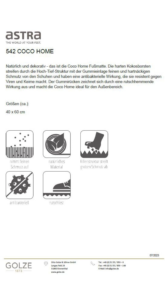 ASTRA Fußmatte »Coco Home 1«, rechteckig, 16 mm Höhe, Kokos, Türmatte, Hoch Tief Struktur, wetterfest, rutschfest