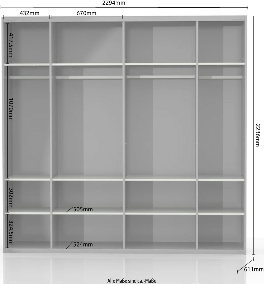 Places of Style Schwebetürenschrank »Piano, mit Einlegeböden, Kleiderstangen, Spiegel, Türen soft-close«, (in 3 Breiten, 224cm hoch, mit verchromten Aufleistungen), mit Spiegeltür, FSC-zertifizierter Holzwerkstoff