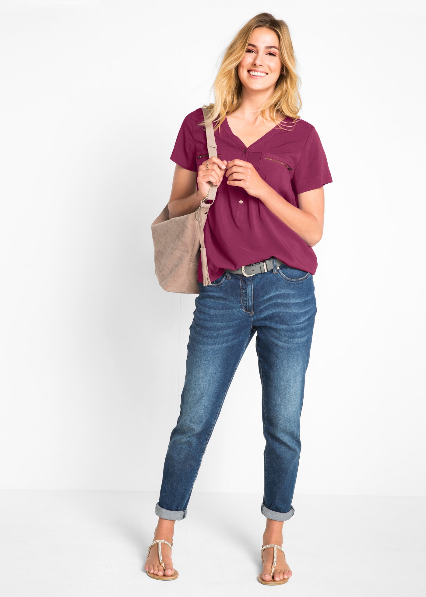 bonprix Kurzarmbluse bequeme Passform, aus Viskose, mit V-Ausschnitt mit kurzer Knopfleiste