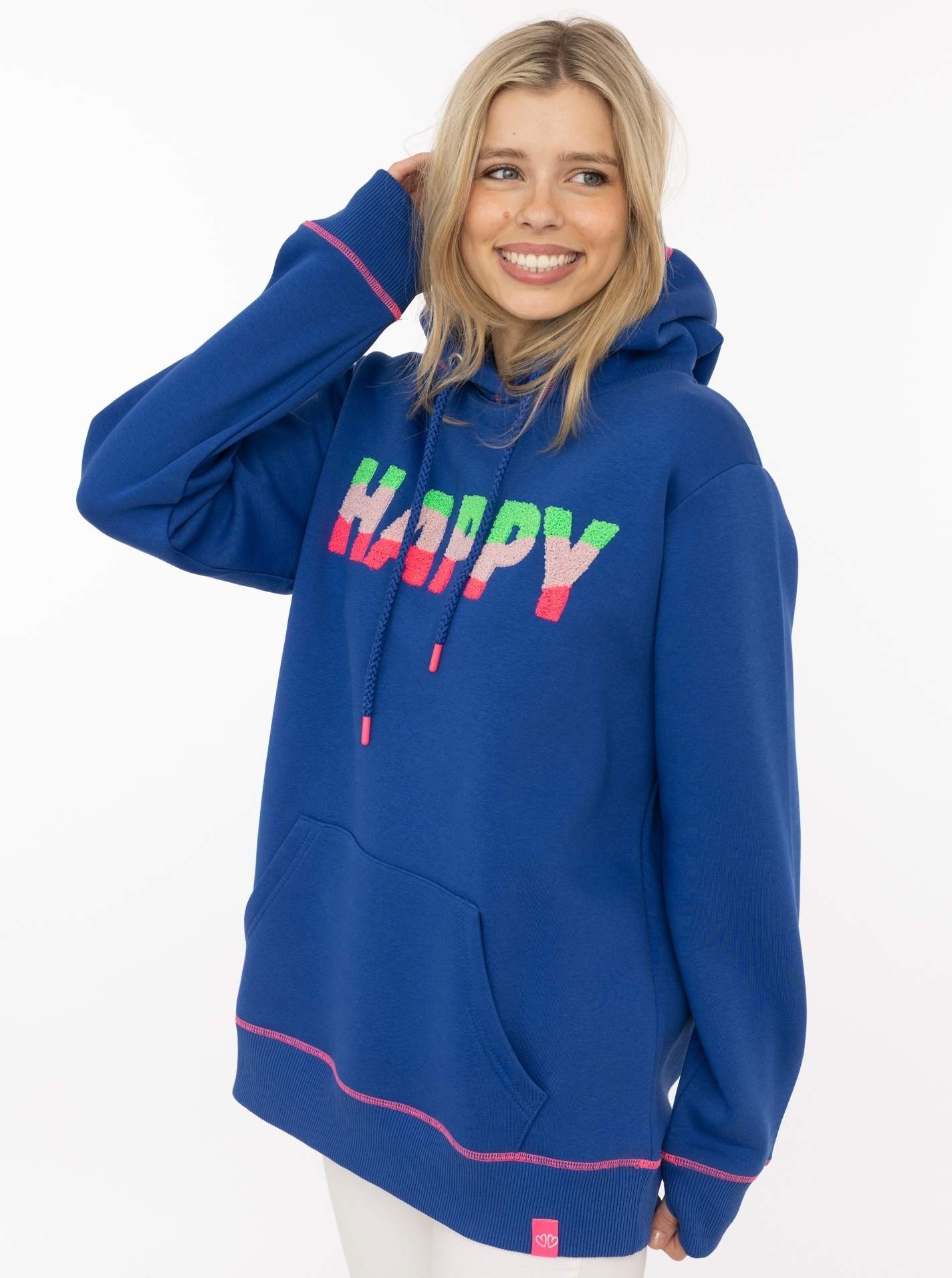 Zwillingsherz Hoodie »"HAPPY"«, bunter Schriftzug aus Frottee, Kapuze mit Kordel, Kängurutasche
