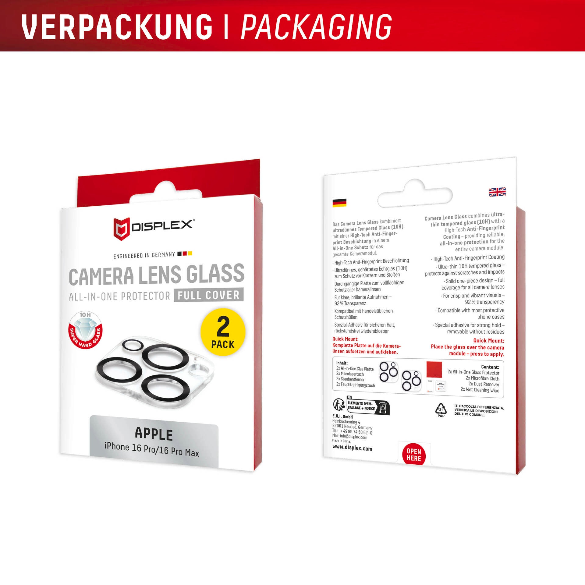 Displex Kameraschutzglas »Camera Lens Glass All-In-One Protector Full Cover«, für Apple iPhone 16 Pro-Apple iPhone 16 Pro Max, (Packung, 2x All-In-One Glas), Objektivschutz, Kameraschutz, kratz- & stoßfest