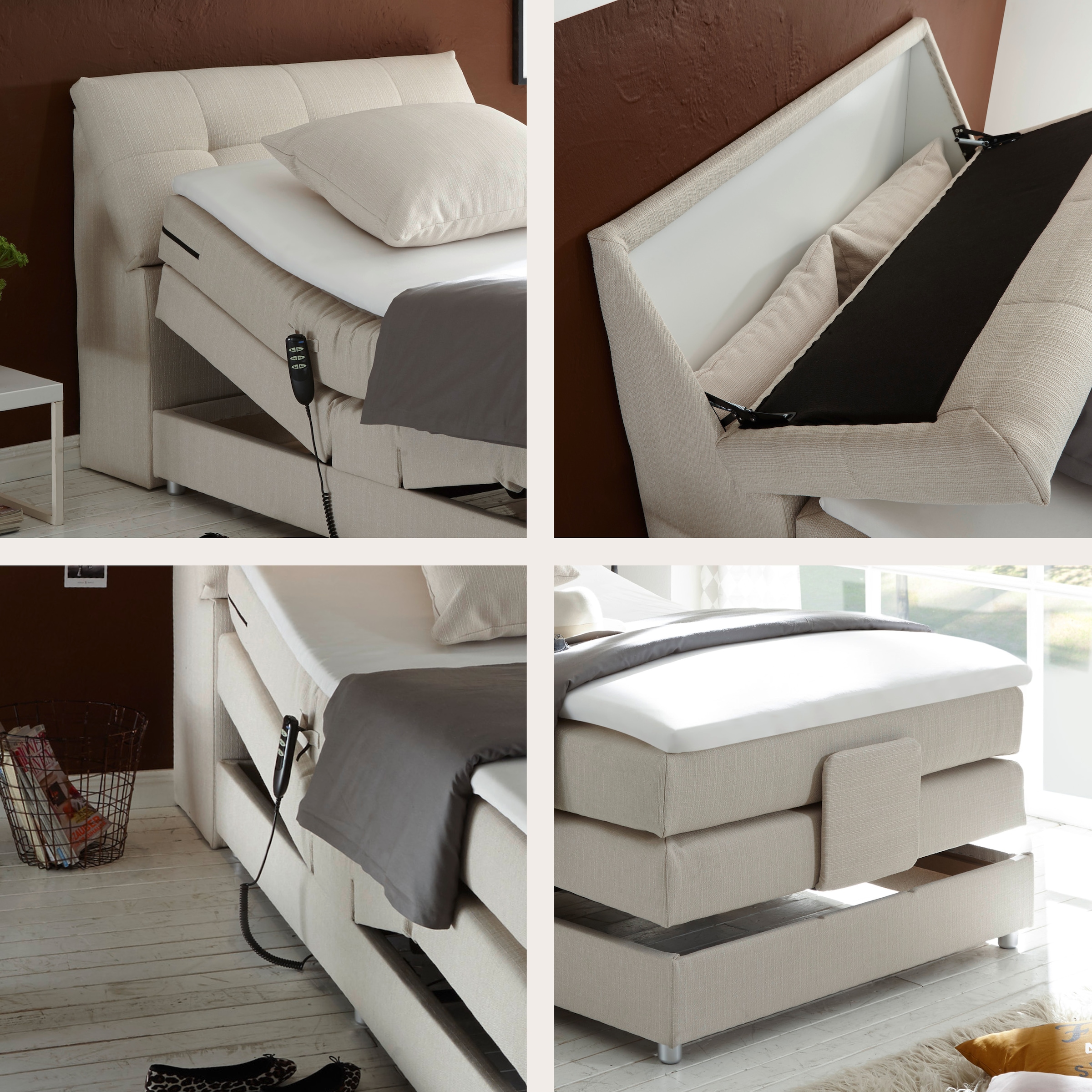ED EXCITING DESIGN Boxspringbett »Carpino wahlweise in den Breiten 120cm oder 180cm erhältlich« inkl. Motor, Stauraum im Kopfteil und Topper