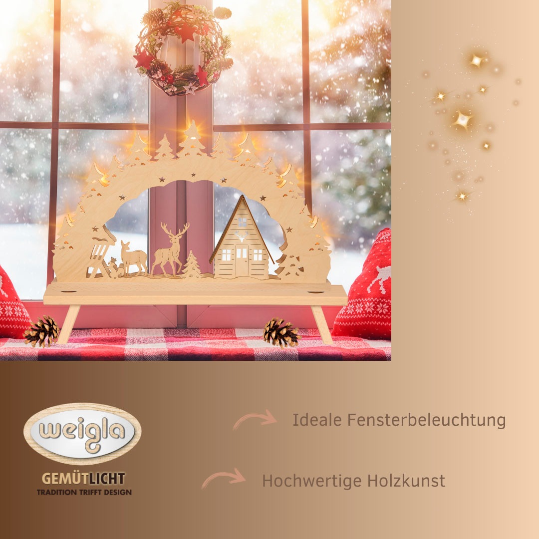 Weigla Schwibbogen »Waldhaus, Lichterbogen aus Holz, NATUR-BRAUN«, Erzgebirge garantiert, Weihnachtsdeko Innen, Weihnachtsbeleuchtung