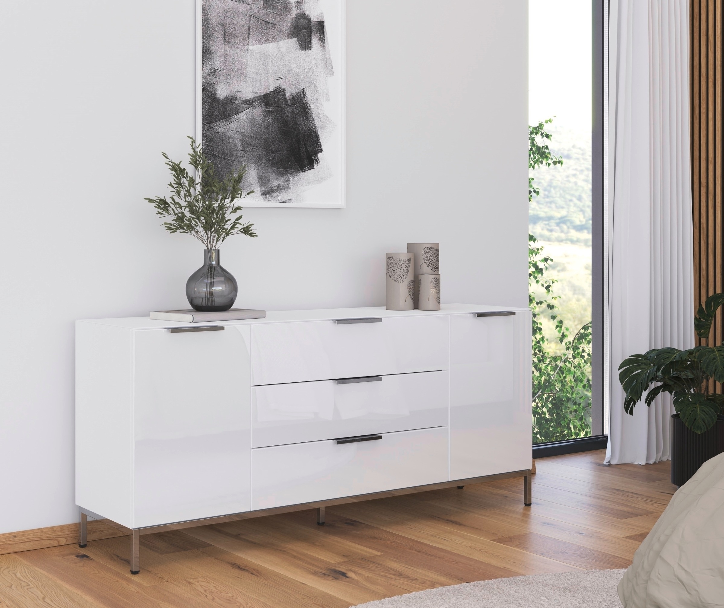rauch Kombikommode »Kommode Türkommode Sideboard Kombikommode FLIPP mit Glasfront« Breite 160 cm mit 2 Einlegeböden,  2-türig, 3 Schubladen, Soft-Close-Funktion, Oberboden und Front Glas