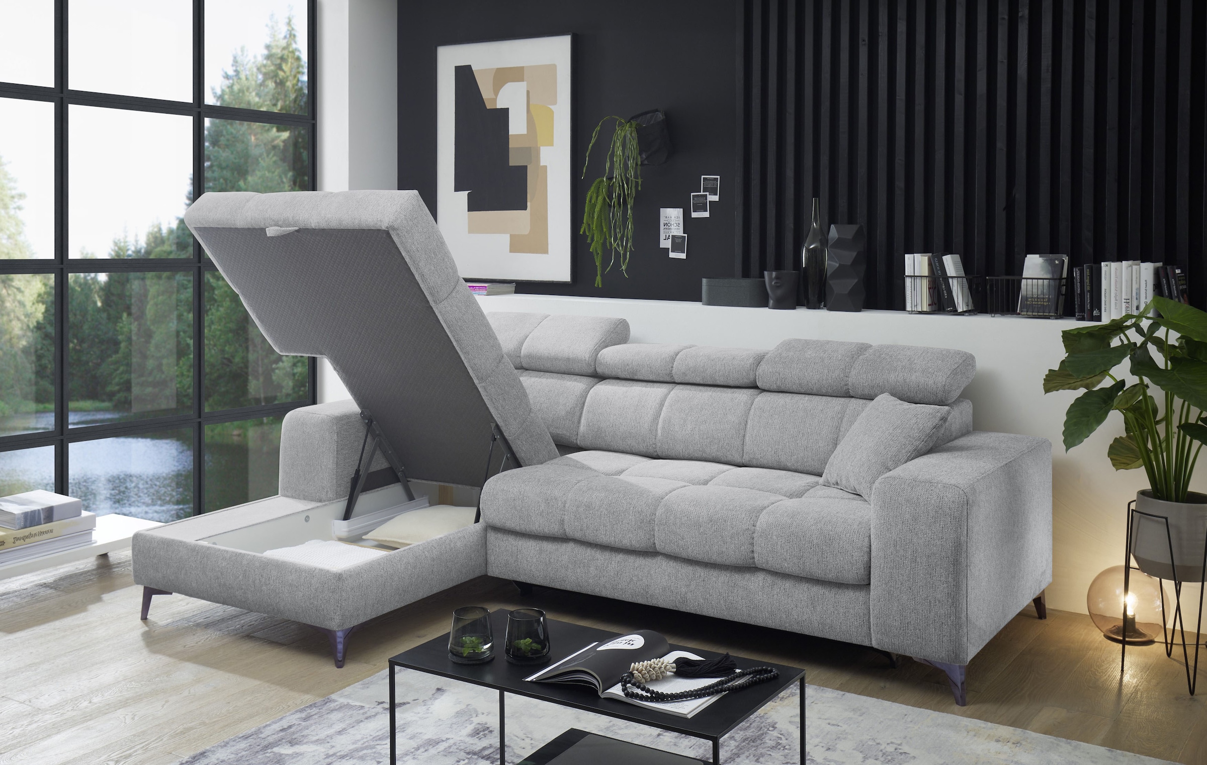 ED EXCITING DESIGN Ecksofa »Sydney L-Form mit Bettfunktion, Bettkasten, Kopfteilverstellung« motorischer Sitztiefenverstellung, USB-Port & 2 Zierkissen