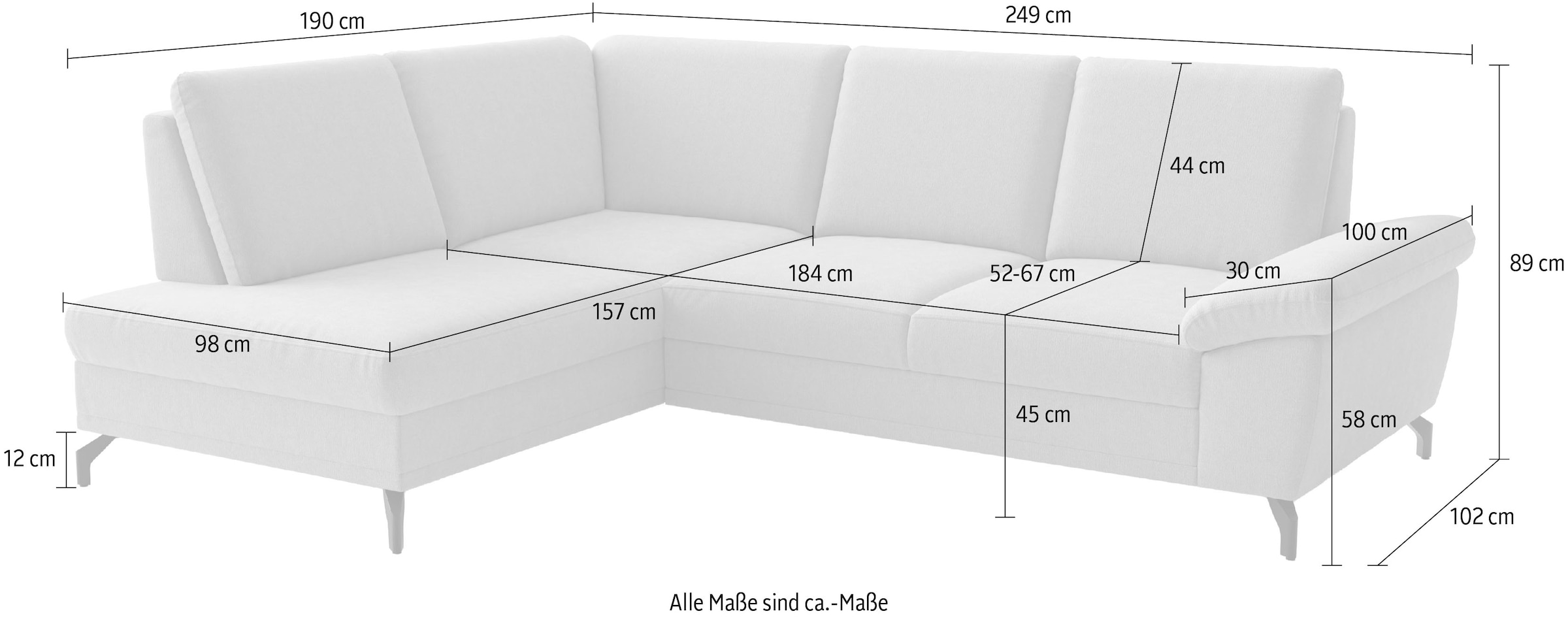 sit&more Ecksofa »Chelsea L-Form, B: 249 cm, Armteil- & Sitztiefenverstellung« Couch optional mit Schlaffunktion und Bettkasten, Sitzhöhe 45 cm