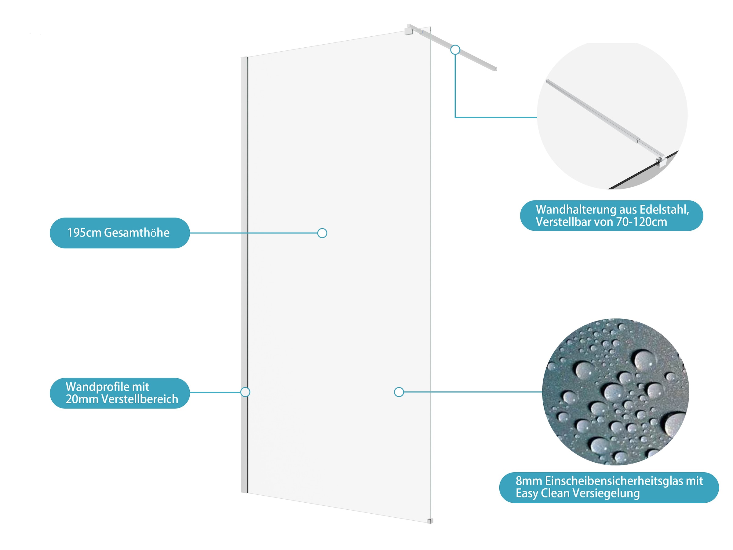 welltime Walk-in-Dusche »Tropea« 1 Stk. tlg. 8mm ESG und Antikalkversiegelung, Extra Dick, Extra Hoch