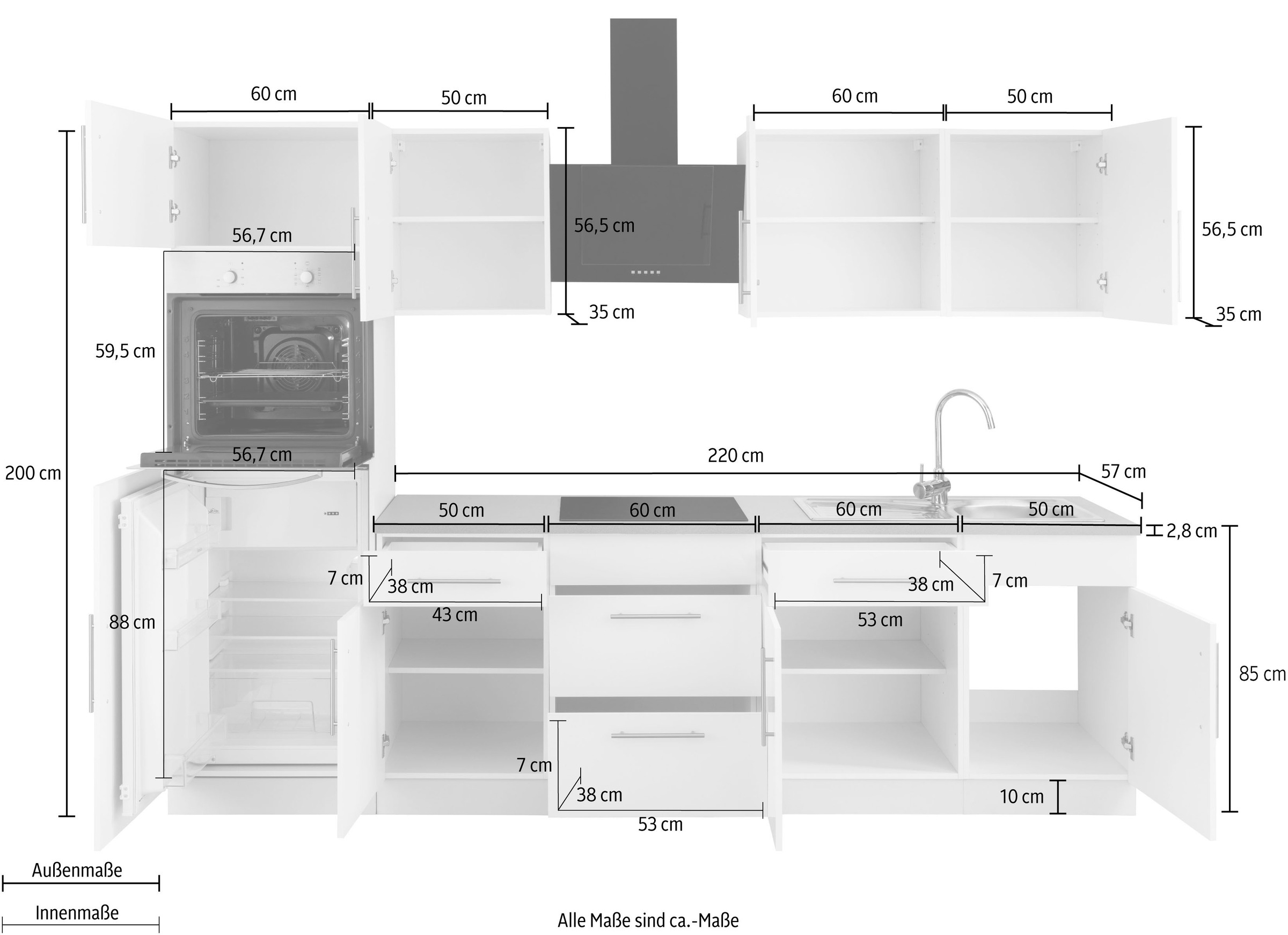 wiho Küchen Küchenzeile »Cali« mit E-Geräten, Breite 280 cm
