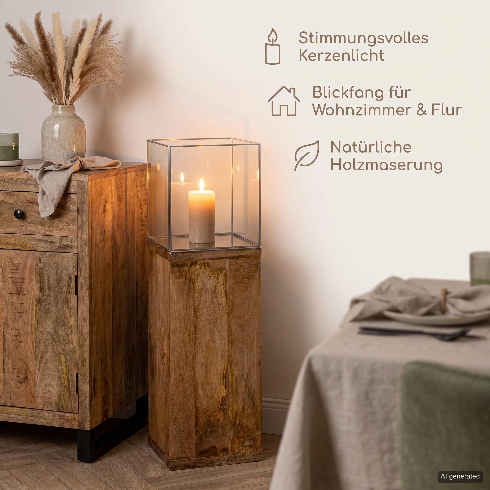 GILDE Bodenwindlicht »Windlicht, Kerzenhalter Säule, 91.26x26cm, Geschenkidee« aus massivem, geöltem Mangoholz, inklusive Glasaufsatz