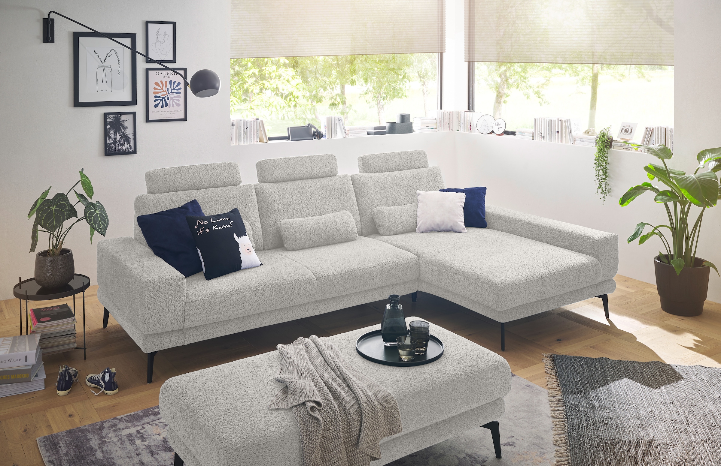 set one by Musterring Ecksofa »SO 3600, inkl motor. Sitztiefenverstellung, Kopfstützen, Nierenkissen«, Sitzhöhe 44 cm, Federkern, Breite 293 x Tiefe 180 cm, Kama silver