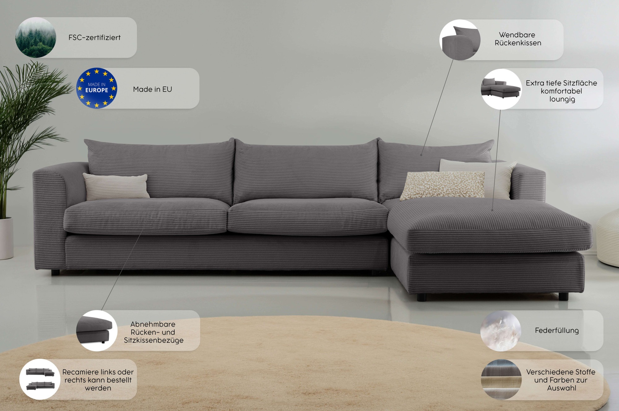 LeGer Home by Lena Gercke Ecksofa »Avelina«, (2 St.), Breite 297 cm, in Cord- und Chenille- Stoff, Rückenkissen mit Federn