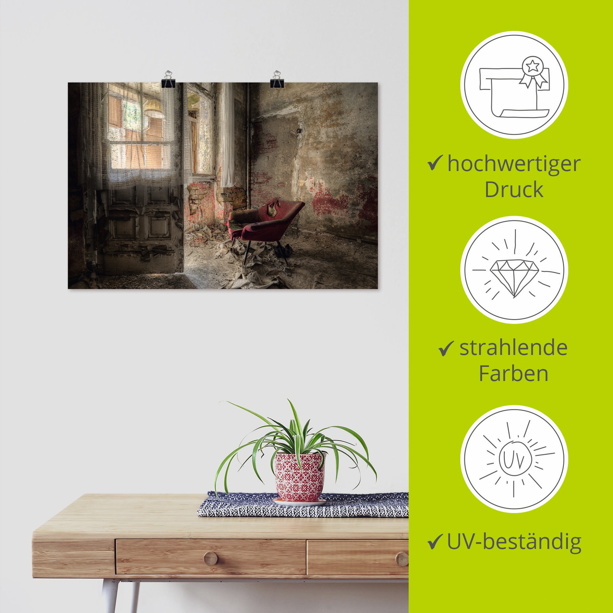 Artland Wandbild »Lost Place - roter Sessel I« Innenarchitektur 1 Stk. tlg. als Alubild, Leinwandbild, Poster in verschied. Größen