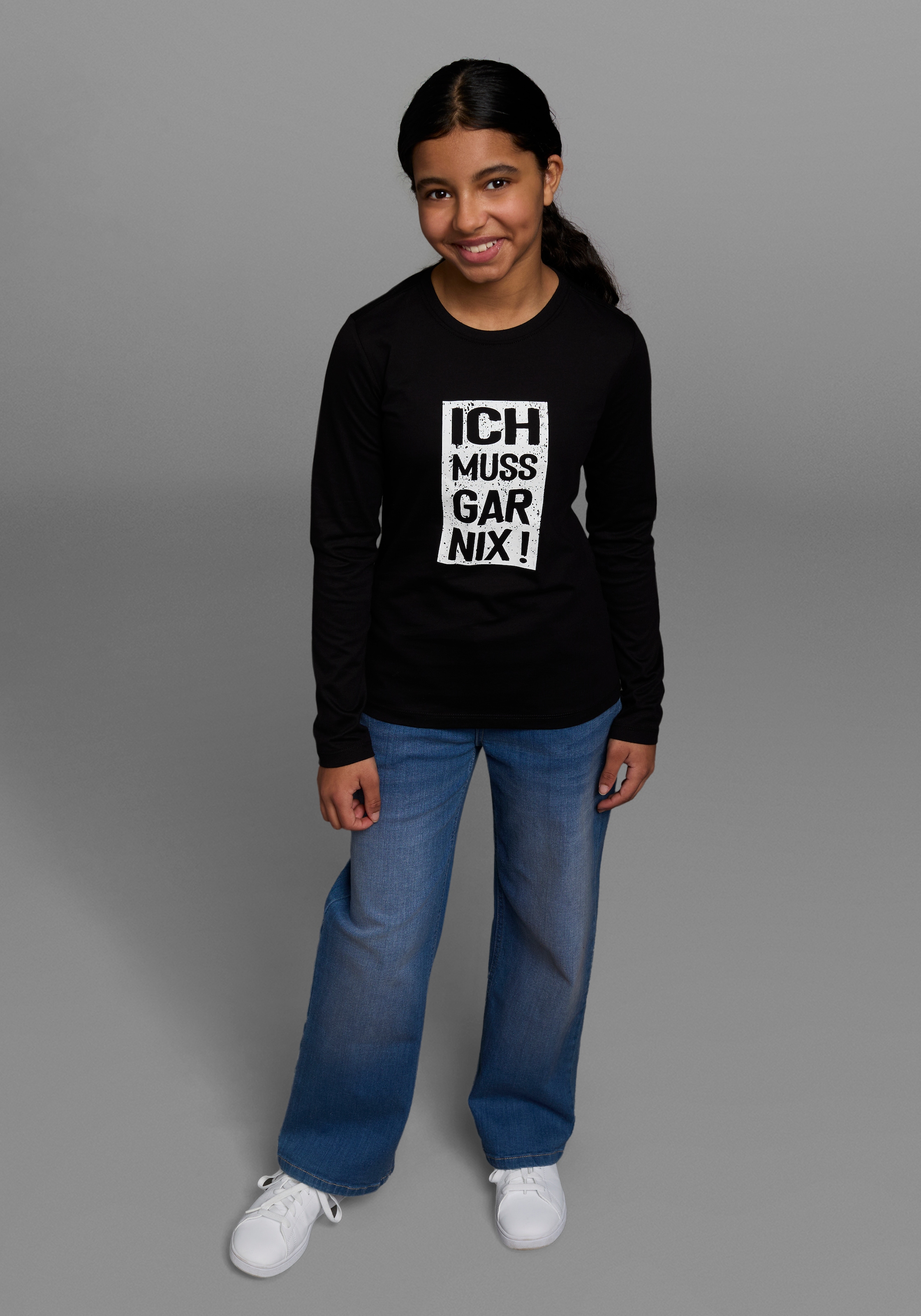 KIDSWORLD Langarmshirt »Ich muss gar nix!«, Langarm, Basic-Passform, bedruckt, Rundhalsausschnitt