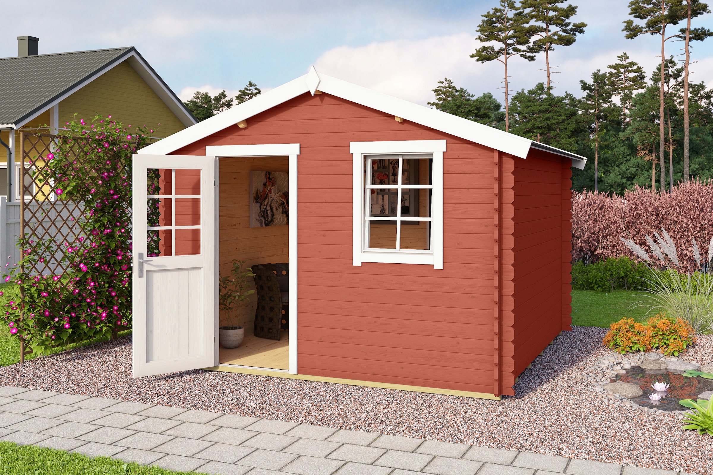 LASITA MAJA Gartenhaus »Wels 3«, Blochbohlenhaus 28mm, Fundamentmass 3000x3000, SCHWEDENROT