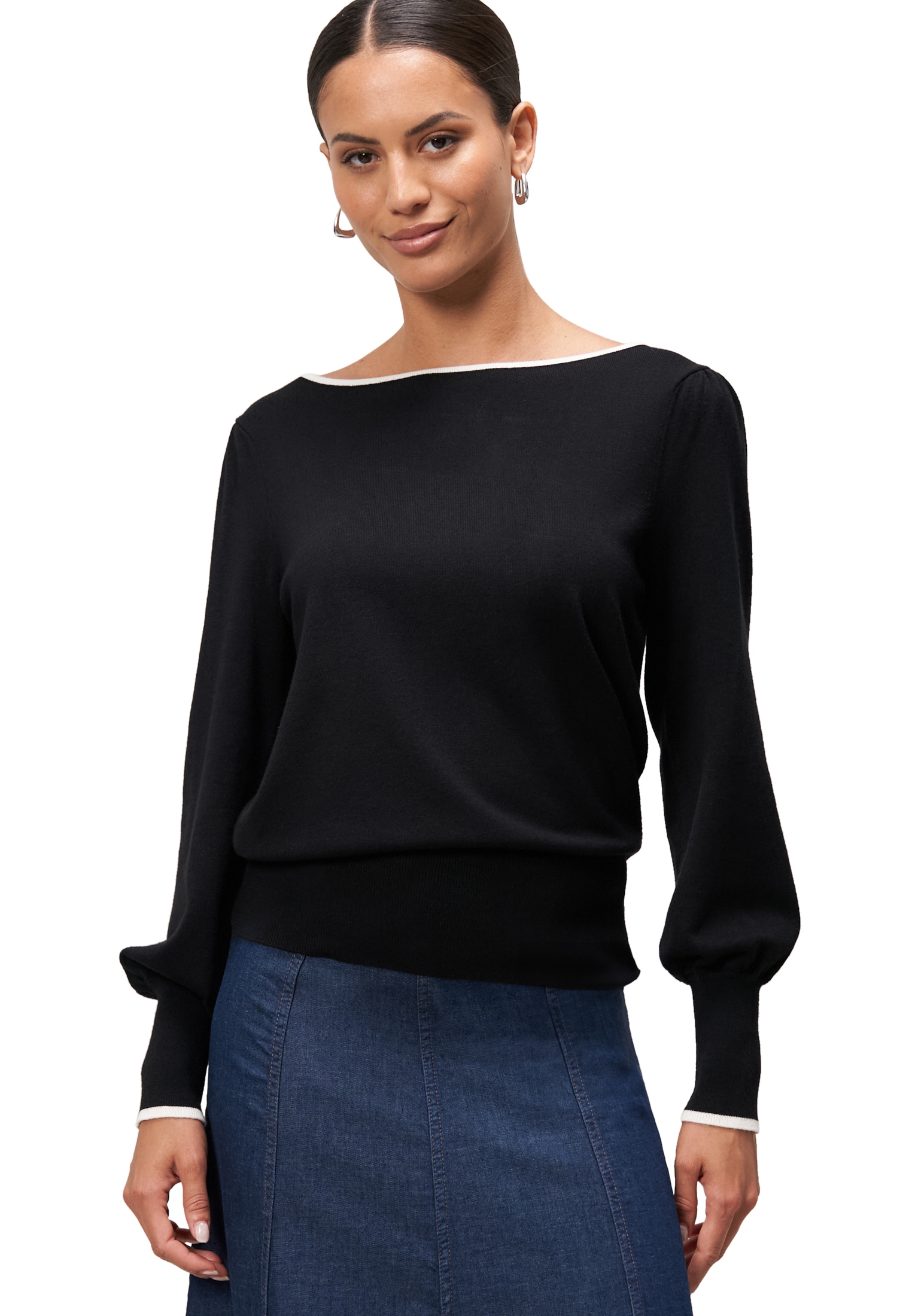 Zero Rundhalspullover »Feinstrickpullover mit Kontrastpaspel«