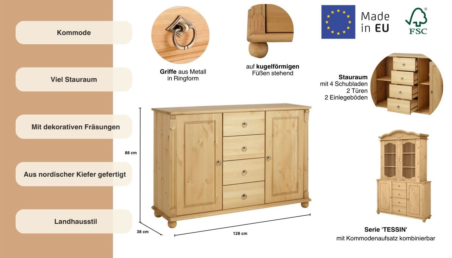 Home affaire Kombikommode »Tessin; Buffetunterschrank, klassischer Landhausstil« aus massiver, FSC®-zertifizierter Kiefer, 128cm breit
