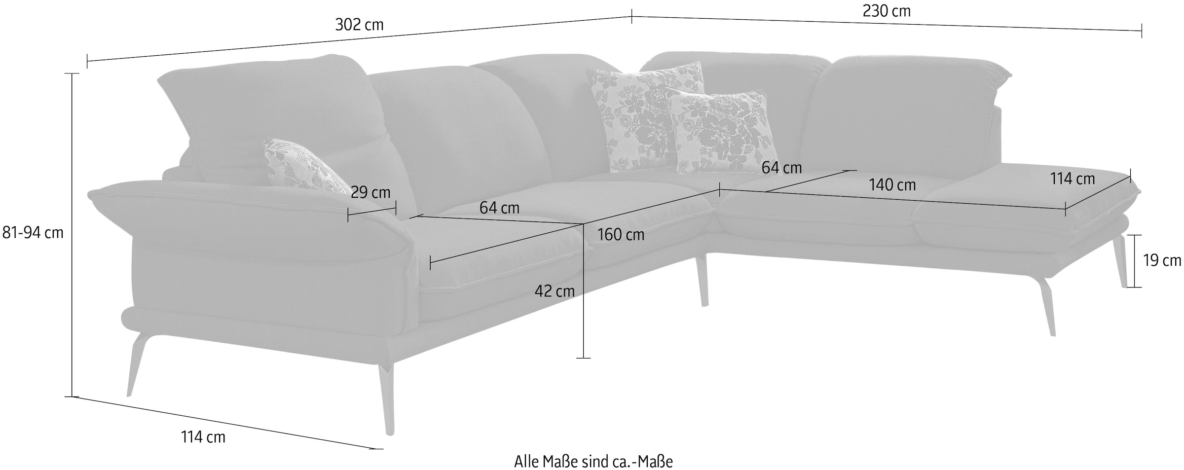 W.SCHILLIG Ecksofa »sherry«, mit Kopfstützenverstellung, Winkelfüße in Schwarz, Breite 302 cm