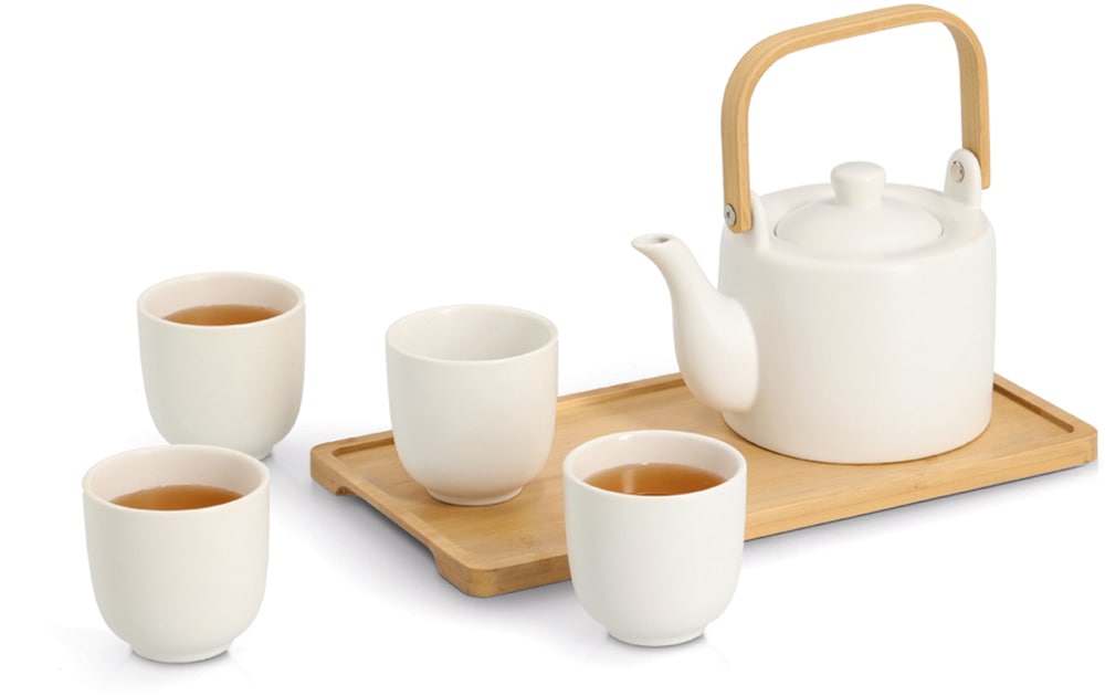 Zeller Present Geschirr-Set »Tee-Set, 6-tlg. Steingut/Bambus, weiß« Teekanne mit Bambusgriff, hochwertig und langlebig