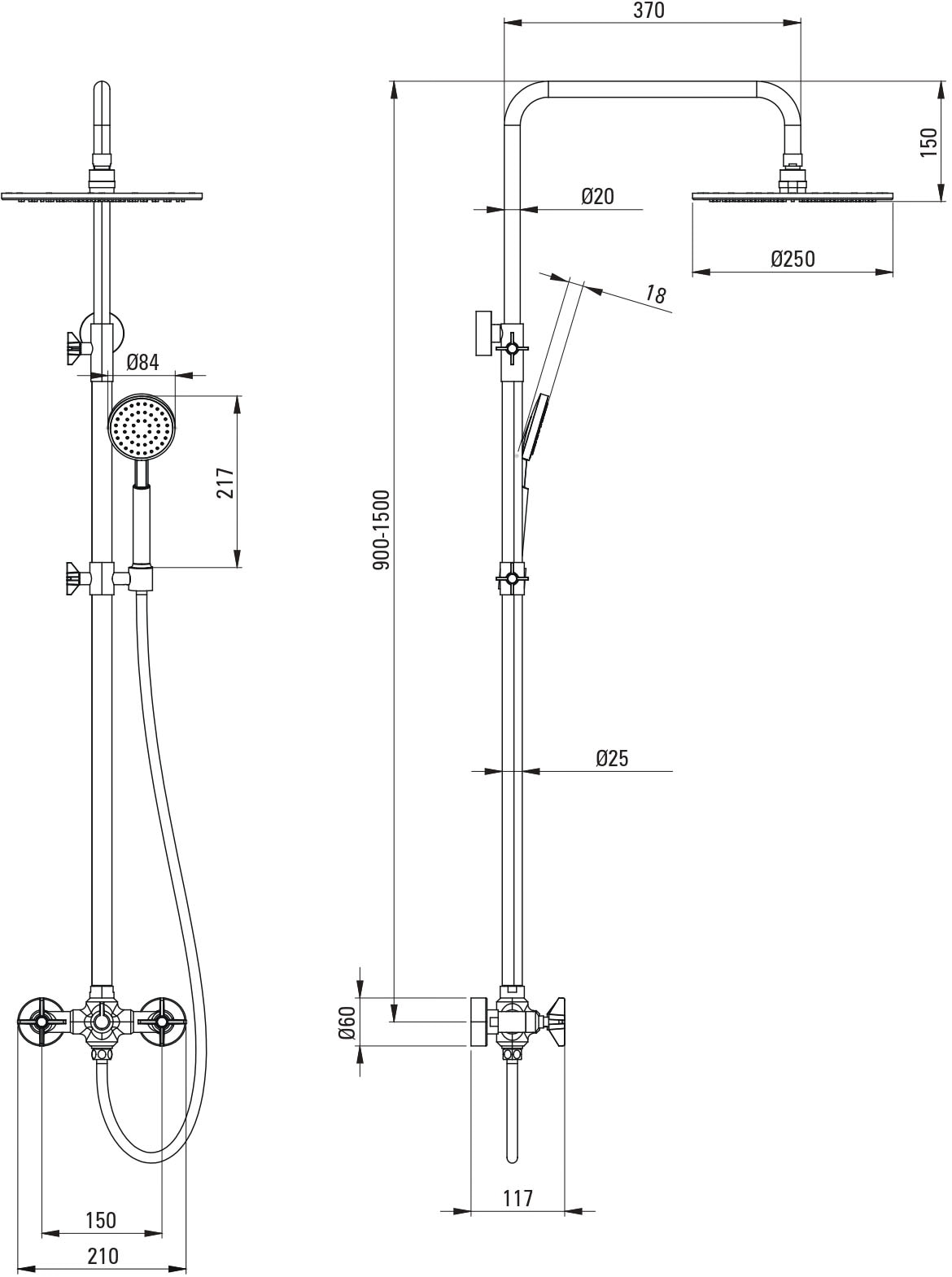 Deante Duschsystem »»Temisto«, Duschsystem, Duschbatterie mit 2 eleganten Griffen«, Einstellbereich: 90-150cm, Beschichtung in Messingfarbe