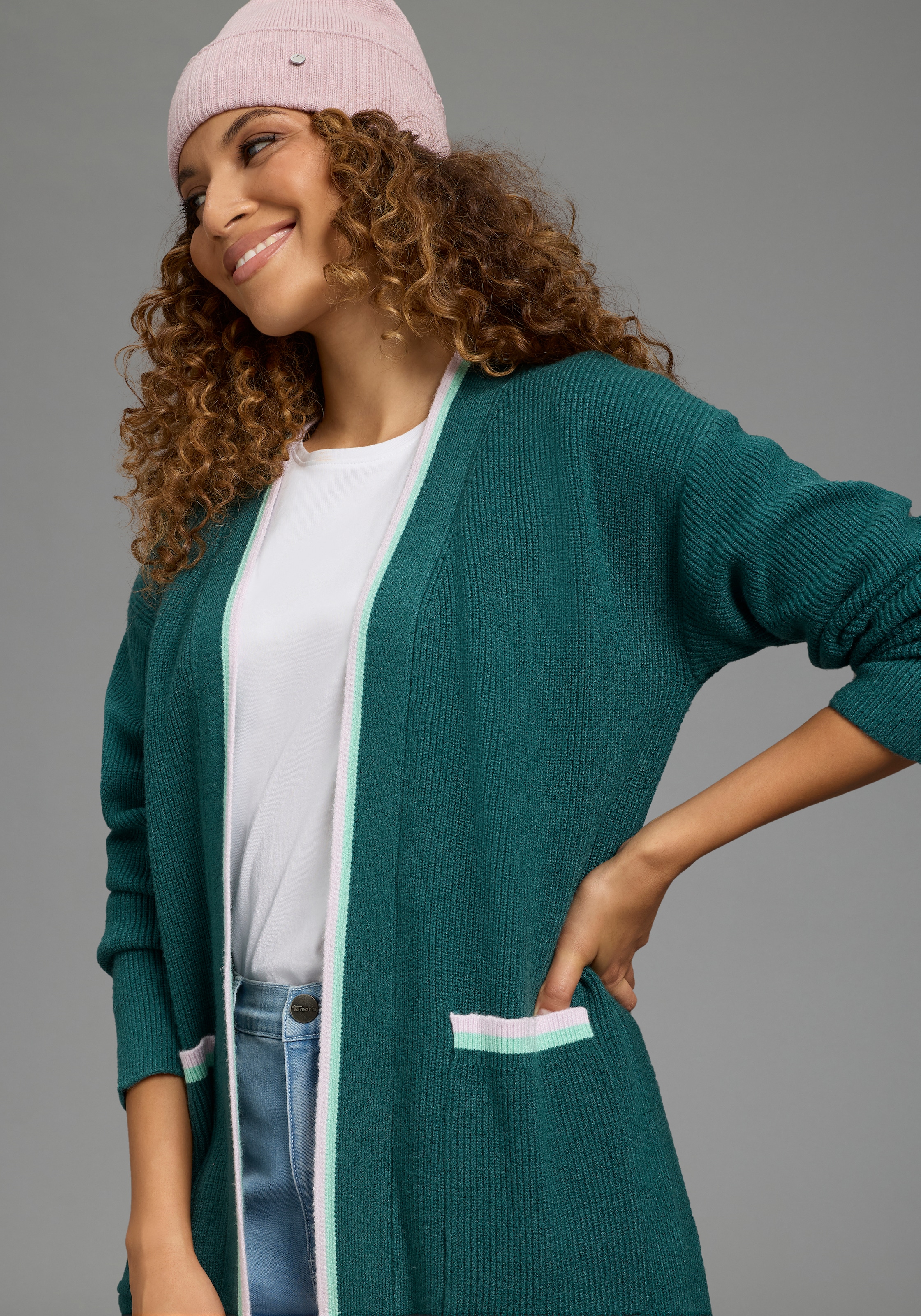 KangaROOS Strickjacke hüftbedeckende Länge, Kontrastdetails, offene Form