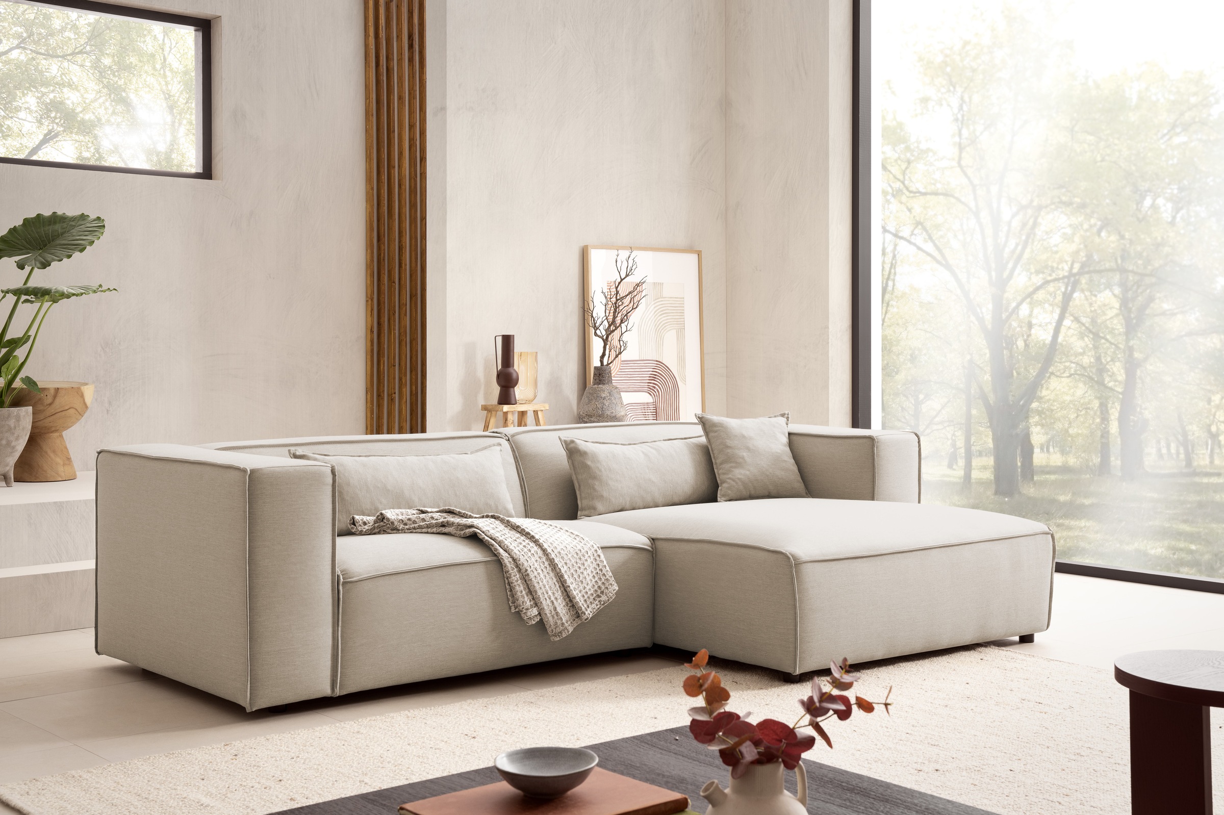 LeGer Home by Lena Gercke Ecksofa »PIARA mit Kedernaht in Cord oder Leinenoptik, moderne Couch in L-Form«, wahlweise Ottomane rechts/links, schwarze Füße, bequemer Sitzkomfort