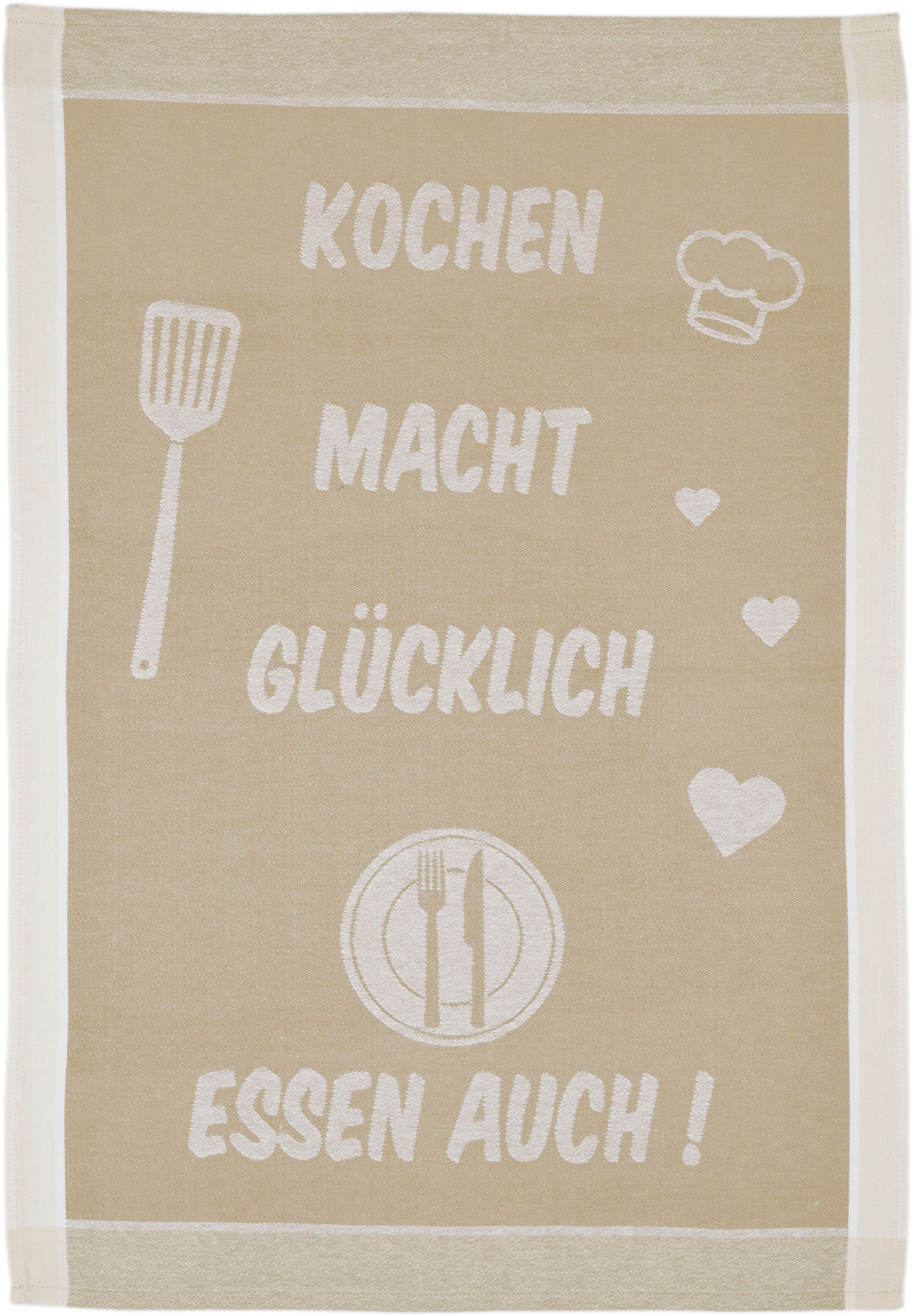 ROSS Geschirrtuch »Kochen macht glücklich... Essen auch«, (Set, 3 tlg.), Sprüchetuch, aus 100% Baumwolle