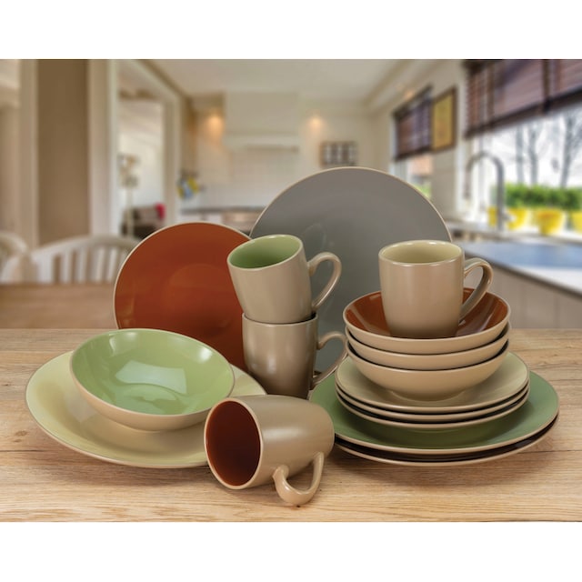 CreaTable Kombiservice »Geschirr-Set Urban Jungle«, (Set, 16 tlg.,  Kaffeeservice und Tafelservice im Set, für 4 Personen), Service, moderne  Coupeform, 16 Teile, für 4 Personen im OTTO Online Shop