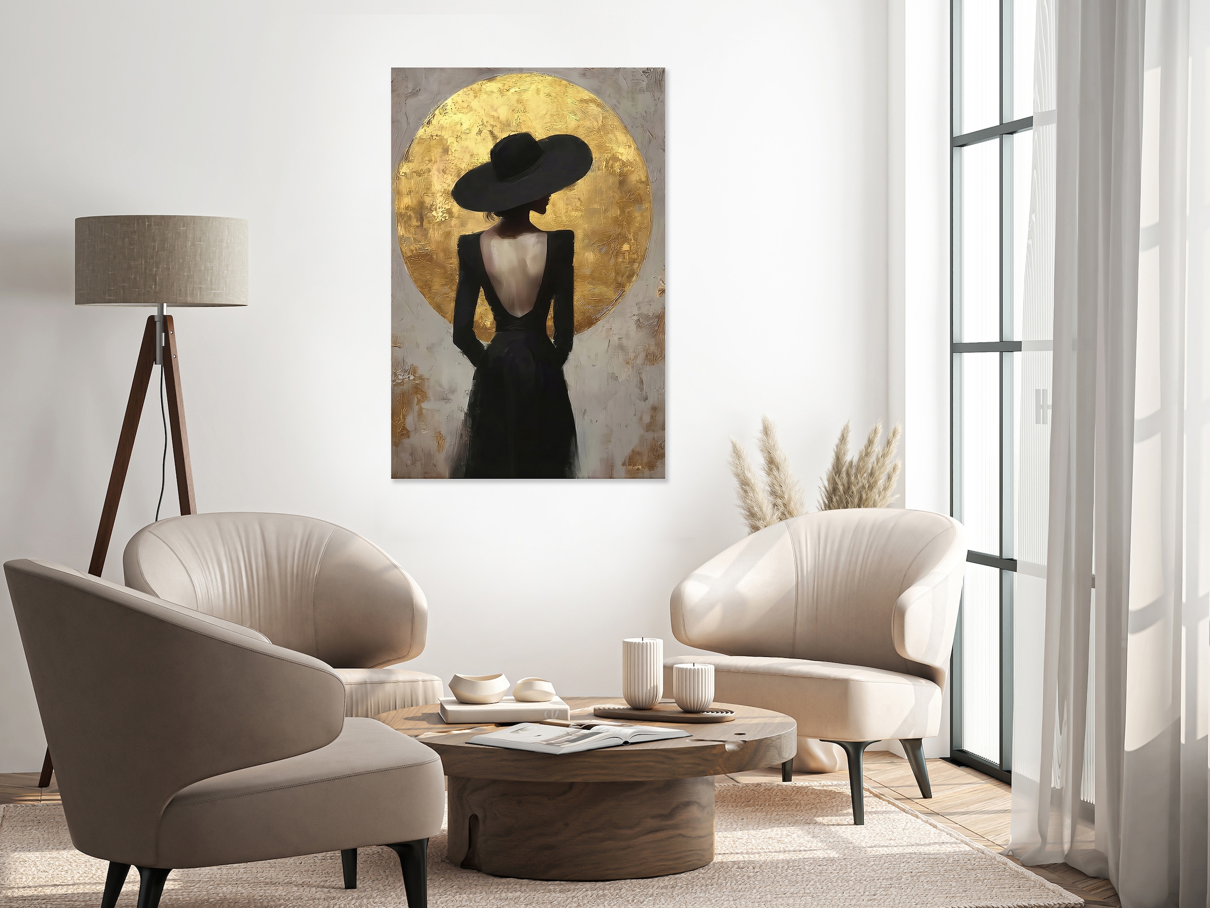 queence Acrylglasbild »Wandbild, Goldbild, Bild Frau mit Hut vor goldenem Mond« Abstrakte | Fantasy | Kunst Handveredelt mit Blattgold für eine edle und zeitlose Optik.