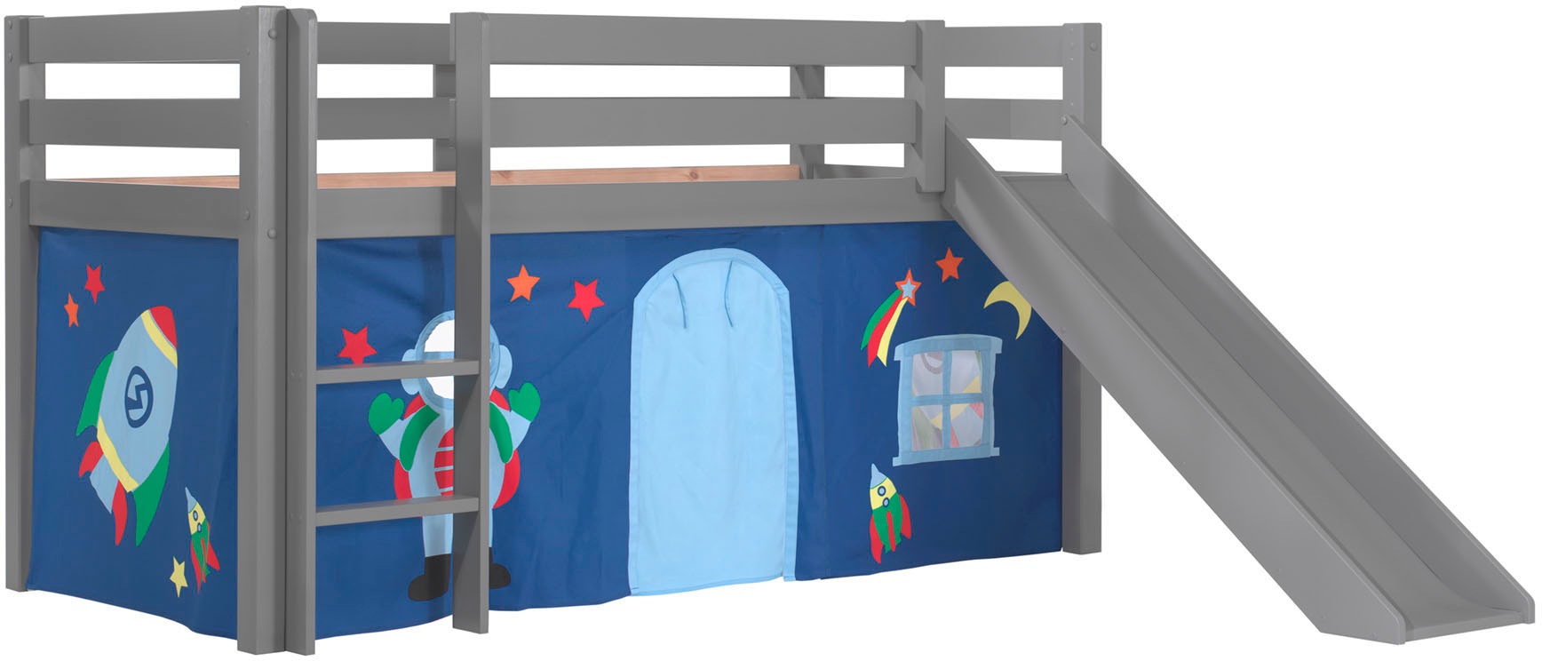 Vipack Hochbett »Pino«, (Made in Europe), Massivholz, Textil-Design, wahlweise mit Rutsche und Bett-Tunnel