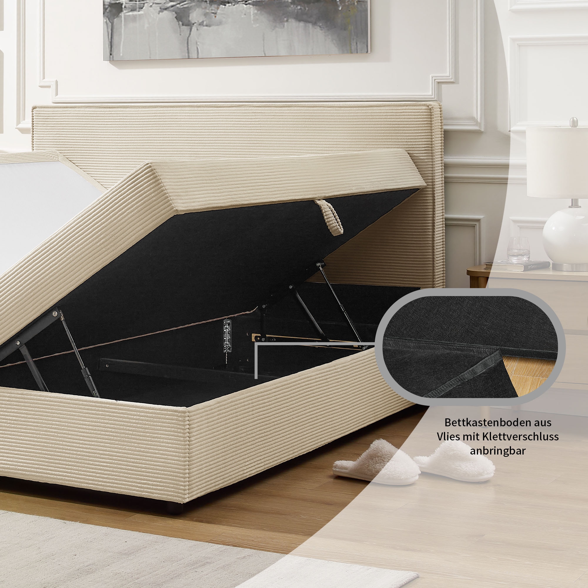 OTTO home Boxbett »Eliaas inkl. Bettkasten und Topper, Liegefläche 180x200cm« erhältlich in hochwertigem Cord-Stoff, inkl. Aufbauvideo