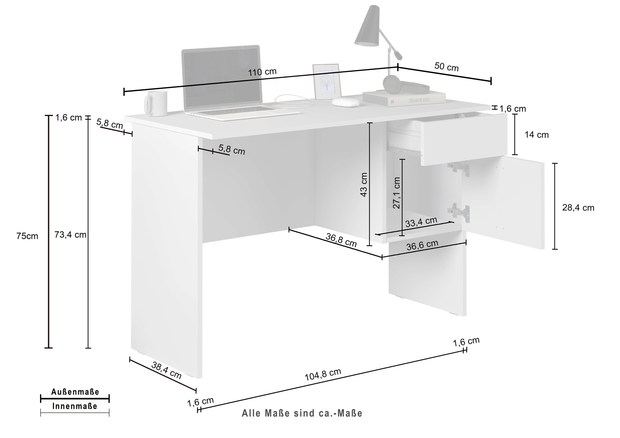 INOSIGN Schreibtisch »Essential, Schreibtisch, kleiner Computertisch, Bürotisch für Büro«, (1 St.), mit 1 Tür,1 Schublade, Arbeitsplatte Breite 110 cm