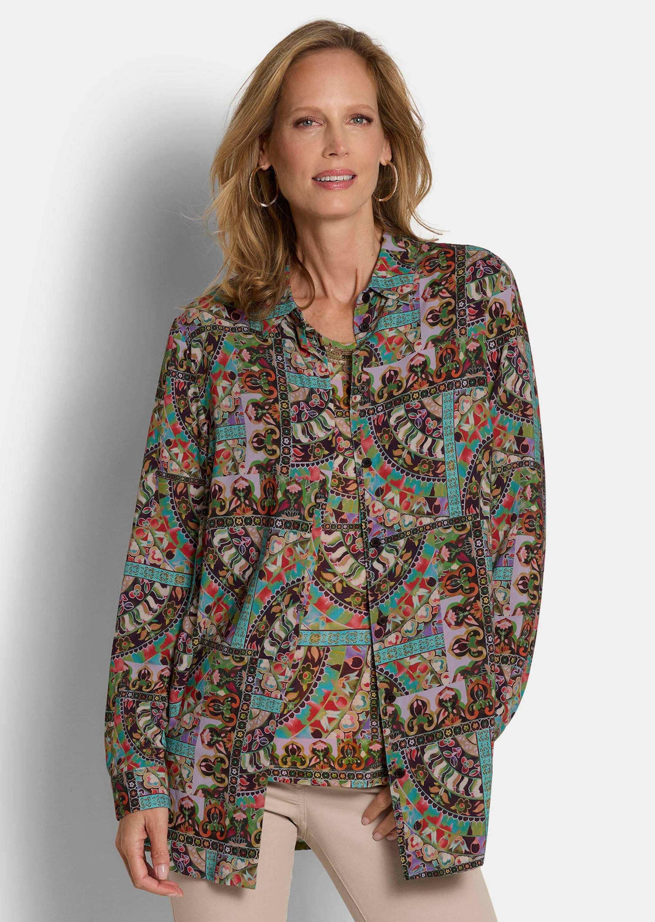 GOLDNER Hemdbluse »Kurzgröße Blusenshirt mit stilvollem Muster-Mix« verrdeckte Knopfleiste