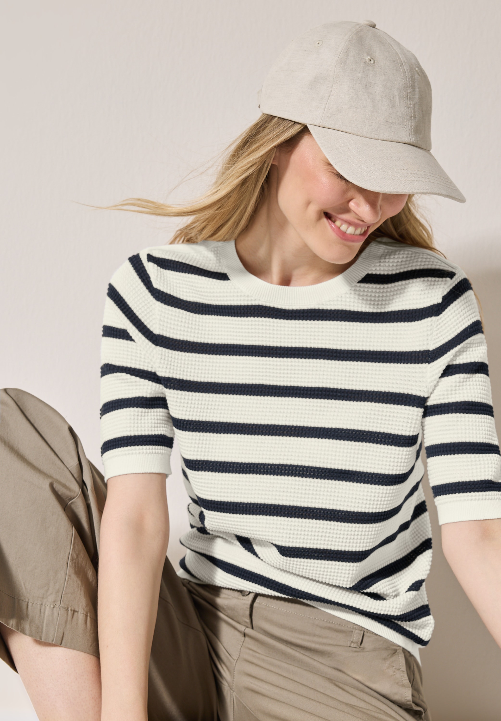 Cecil Kurzarmpullover, mit Streifen und in Struktur-Optik
