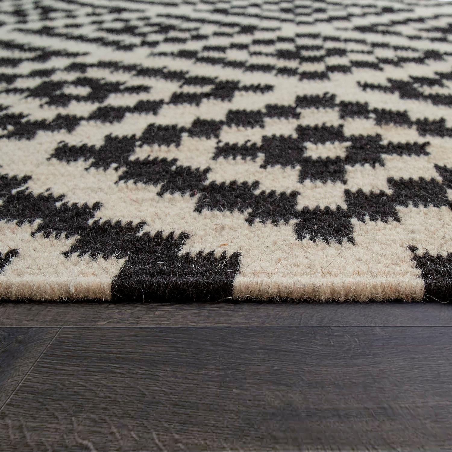 Paco Home Wollteppich »Kenitra 500«, rechteckig, 12 mm Höhe, Flachgewebe, reine Wolle, handgewebt, Rauten Design, mit Fransen