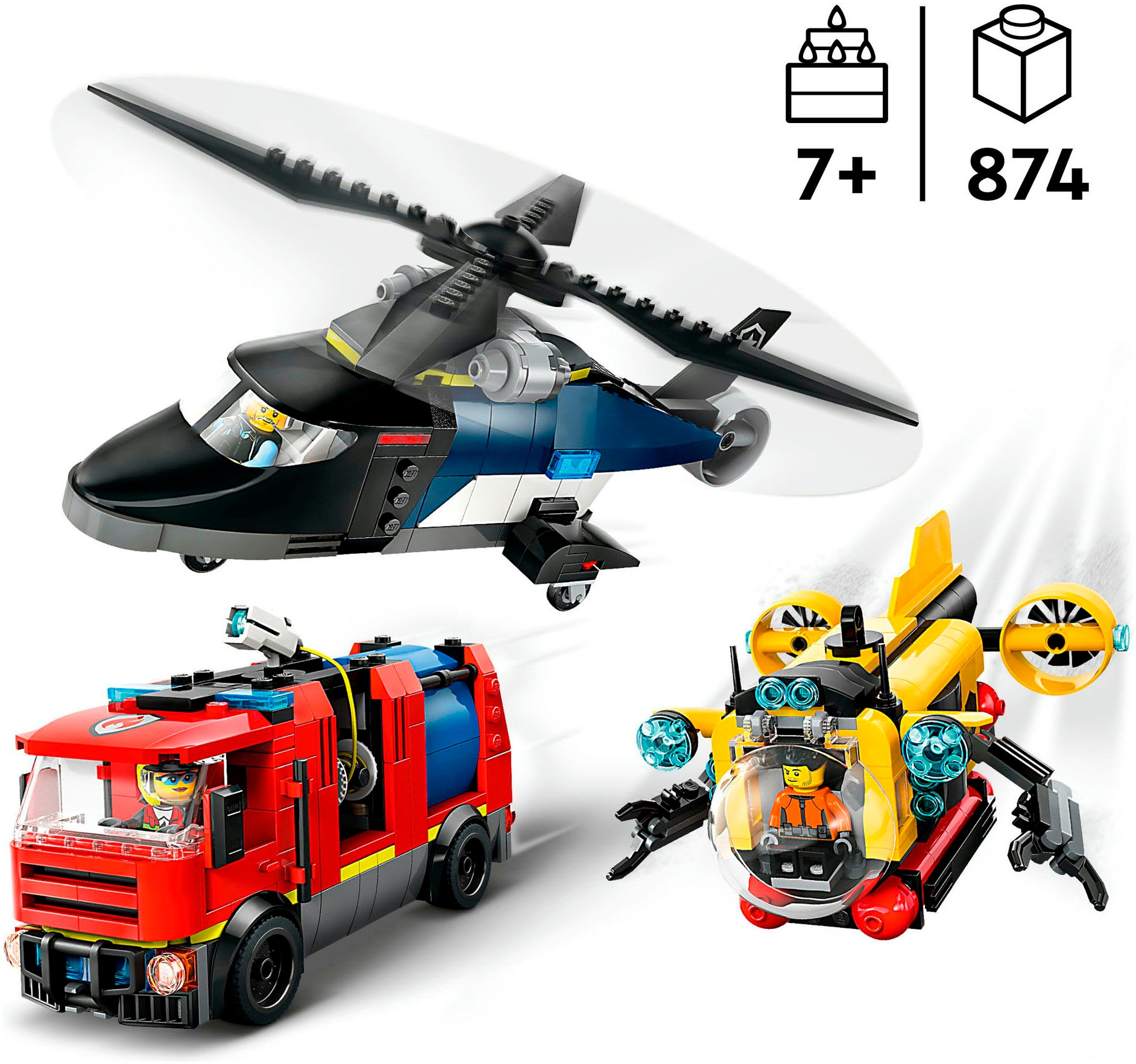 LEGO® Konstruktionsspielsteine »Kombinationsset mit Hubschrauber, Löschauto und U-Boot (60462)«, (874 St.), LEGO City; Made in Europe