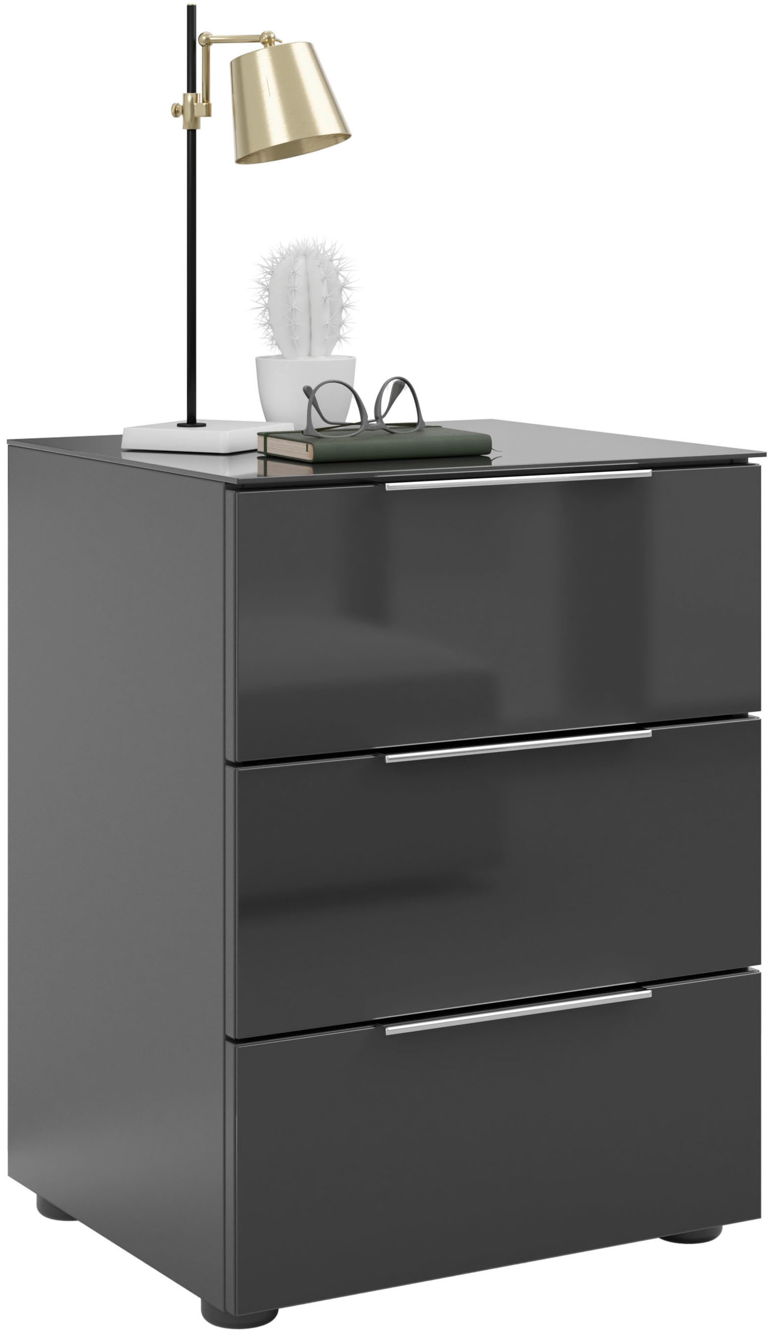 Manjana Möbel Nachtkommode »mit Chrom oder Schwarz matten Metallgriffen« mit Glasfronten, melaminbeschichtete Oberfläche, mit Vollauszug