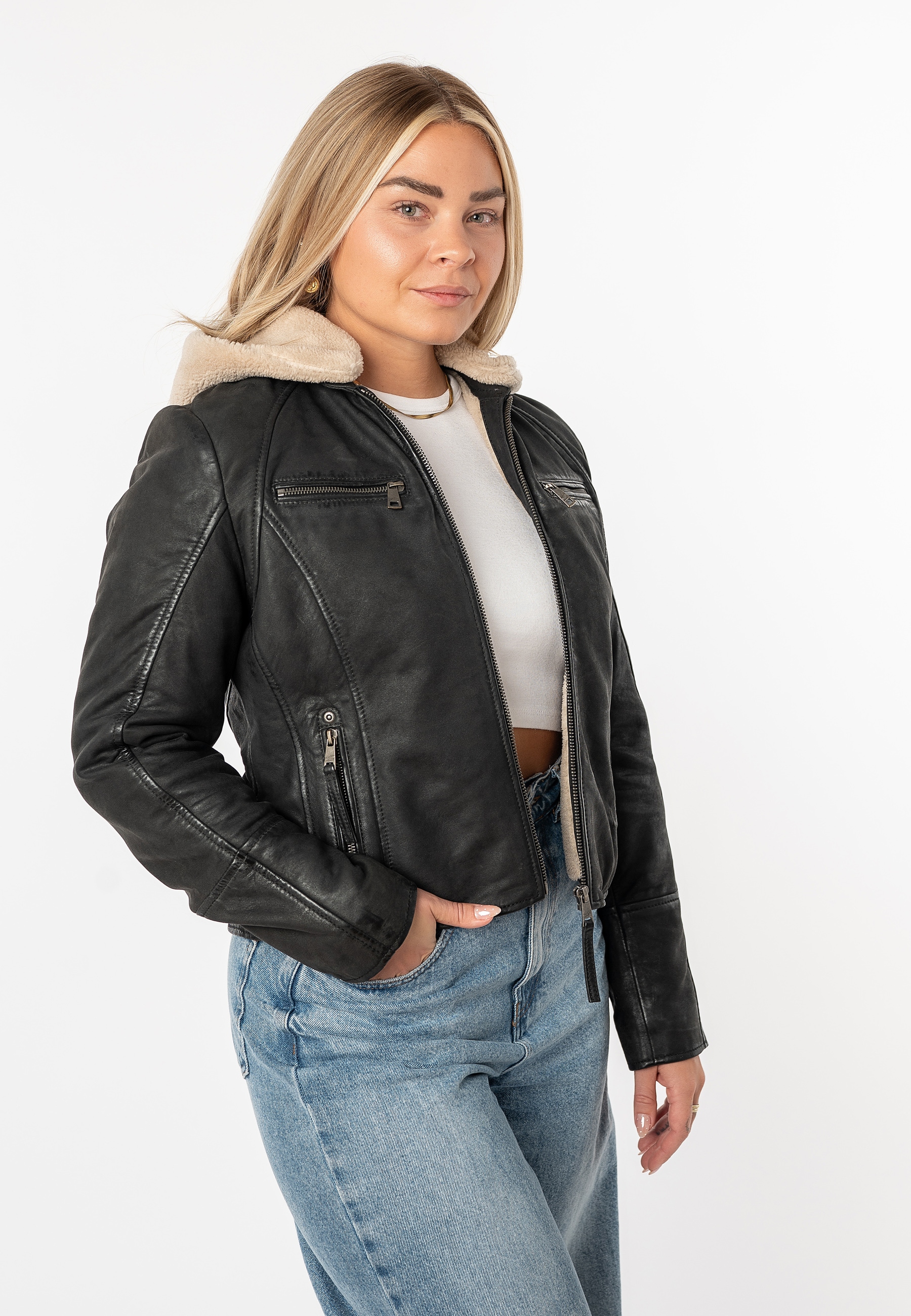 Mauritius Lederjacke »MWNedra« mit Kapuze mit abknöpfbarer Teddyplüsch-Kapuze